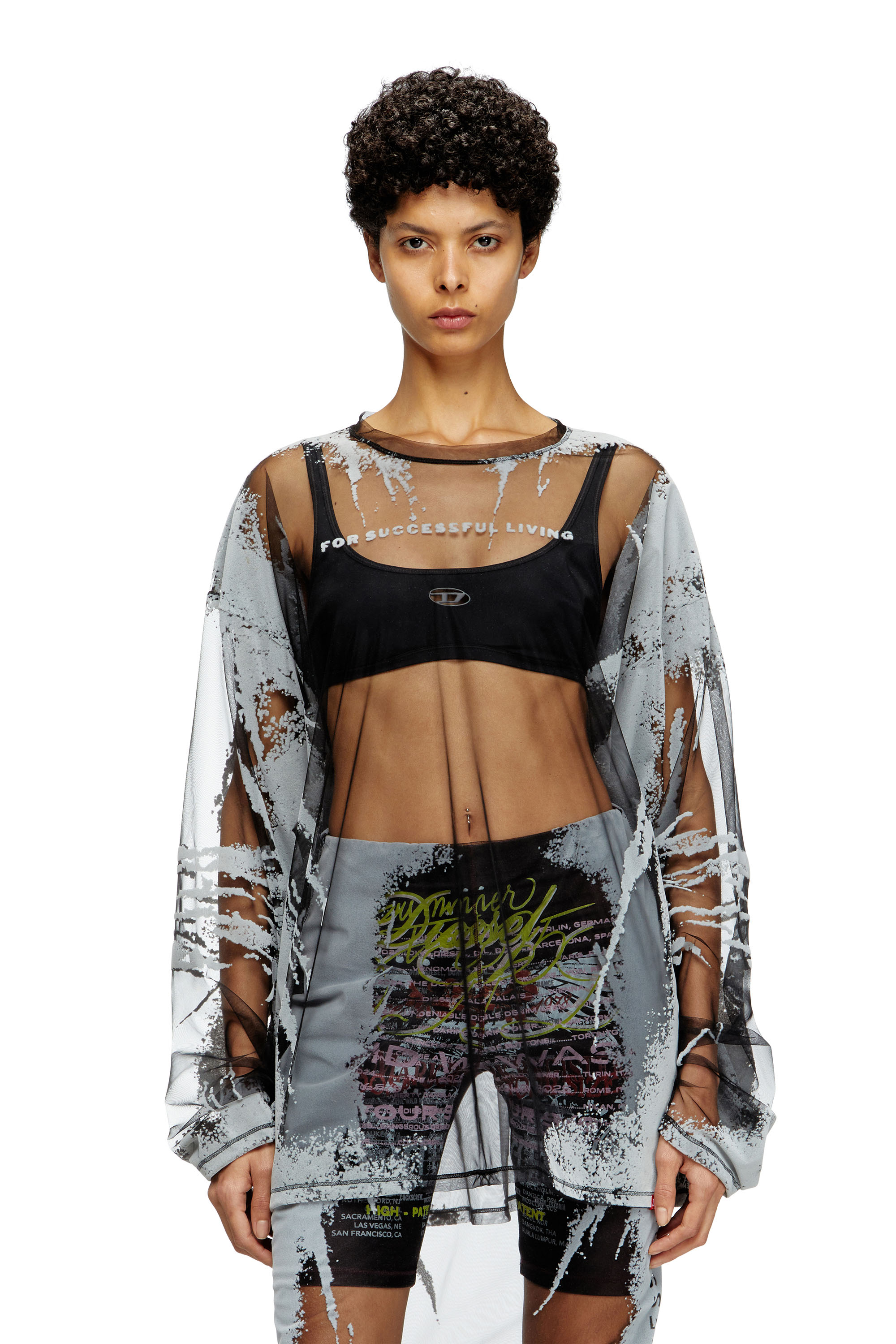 Diesel - T-HASSAN-LS-A, T-shirt en nylon à manches longues avec imprimé paroles Mixte in Noir - 6