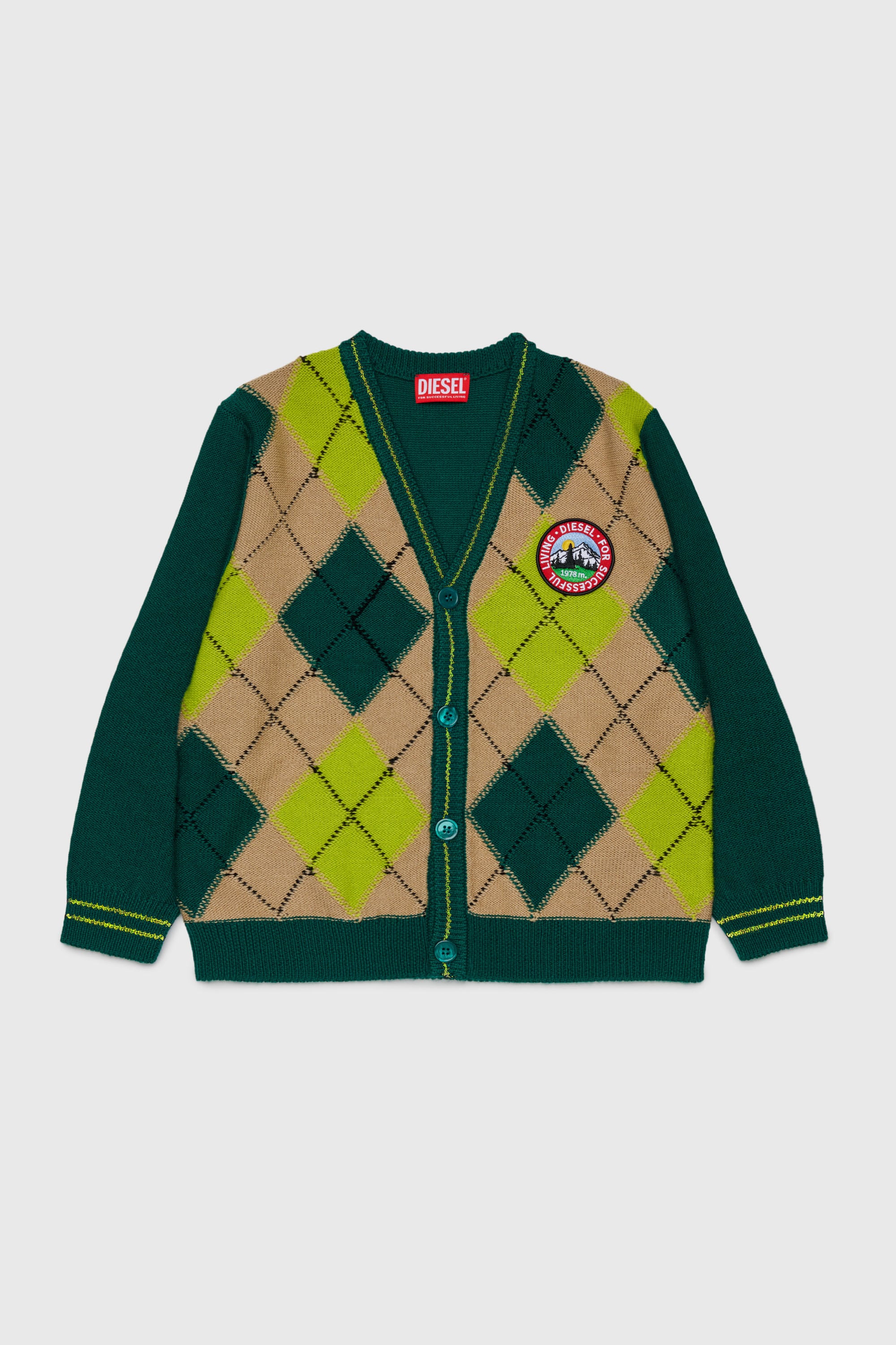 Diesel - KROMYCARDIGAN OVER, Cardigan en laine m&eacute;lang&eacute;e &agrave; motif argyle Mixte in Vert - 1