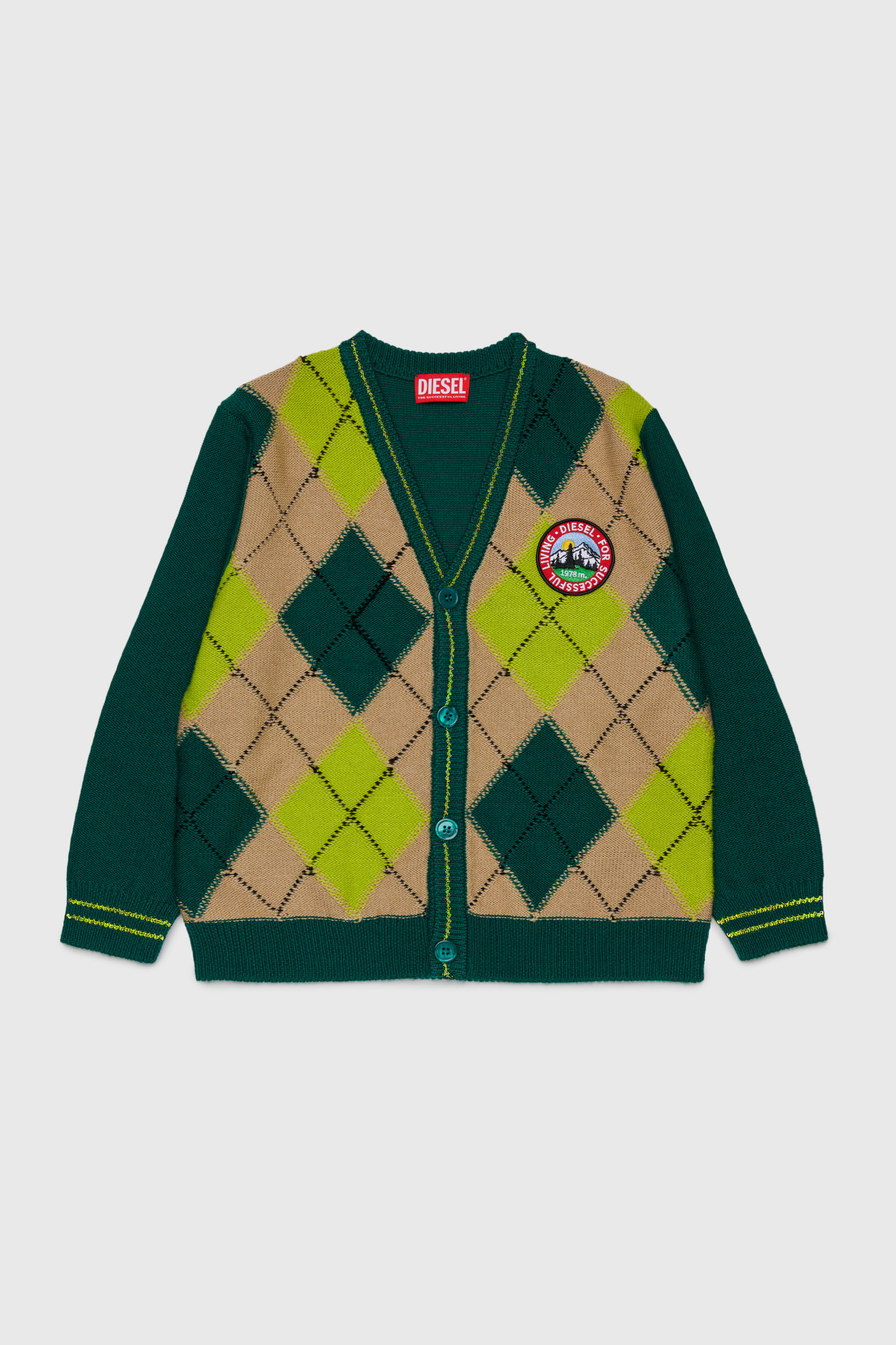 Diesel - KROMYCARDIGAN OVER, Cardigan en laine m&eacute;lang&eacute;e &agrave; motif argyle Mixte in Vert - 1