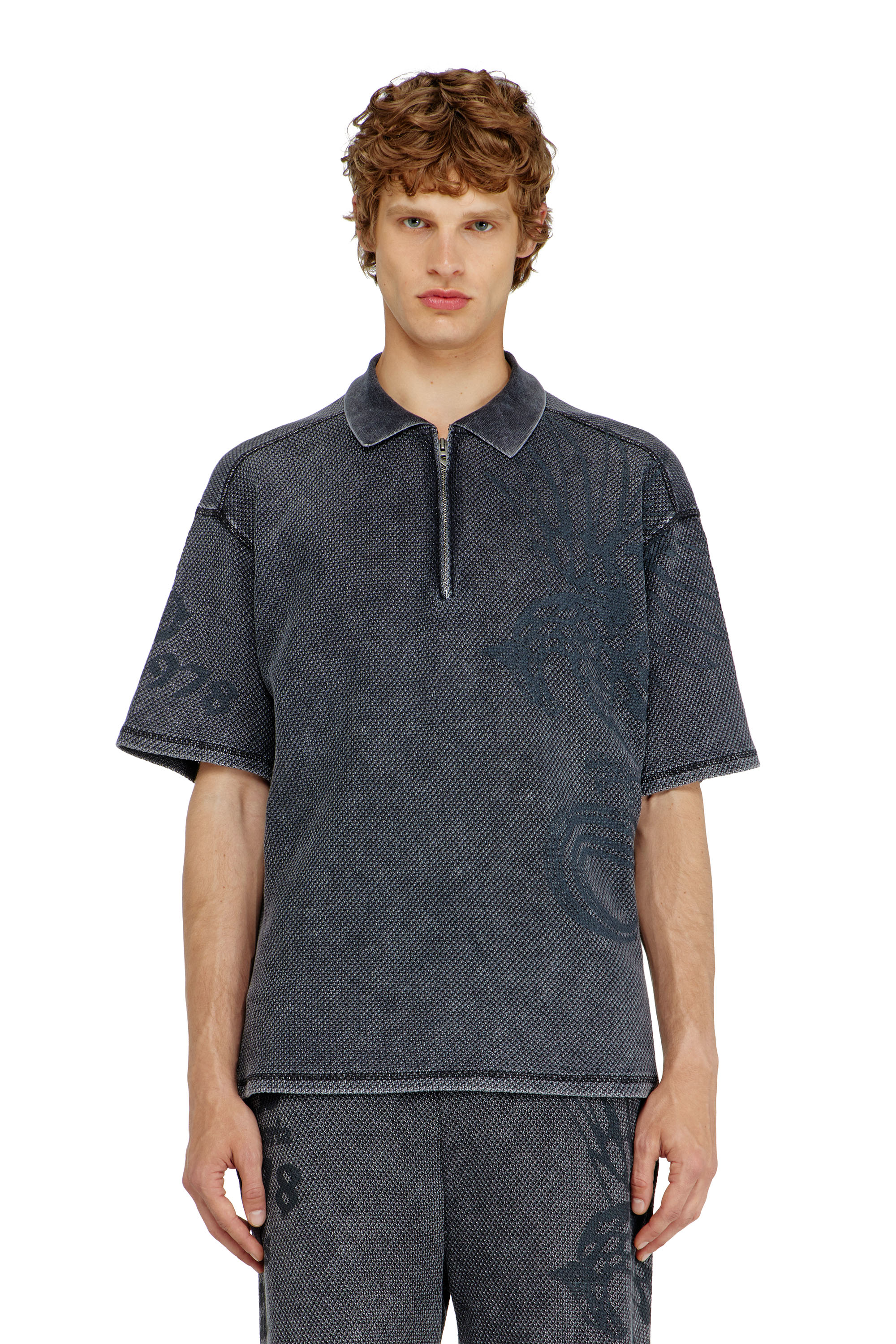 Diesel - T-ERRY-ZIP, Polo en mesh jacquard avec imprim&eacute; Phoenix Homme in Gris - 1