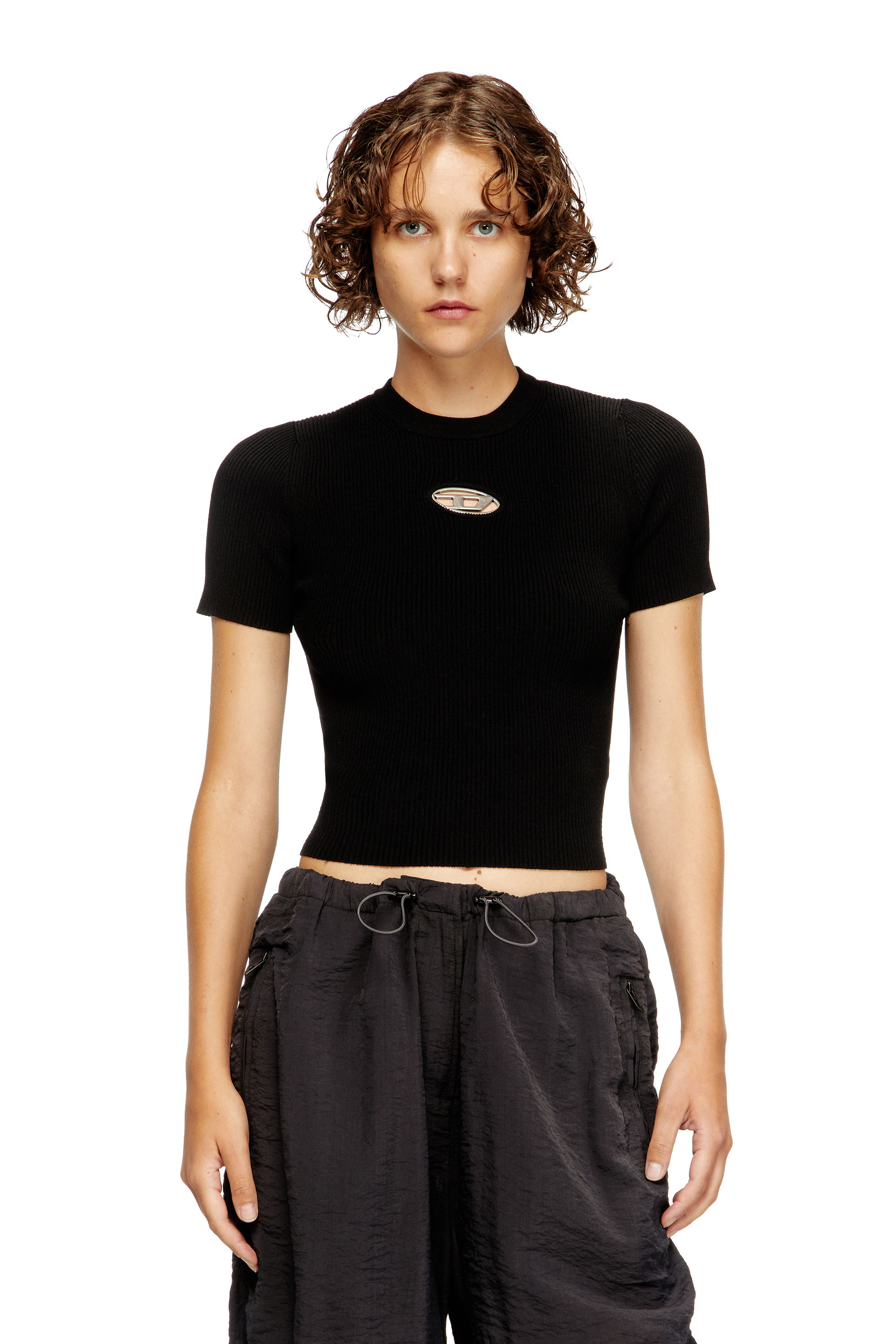 Diesel - M-VALARI-SS, Pull à manches courtes avec Oval D en métal Femme in Noir - 1
