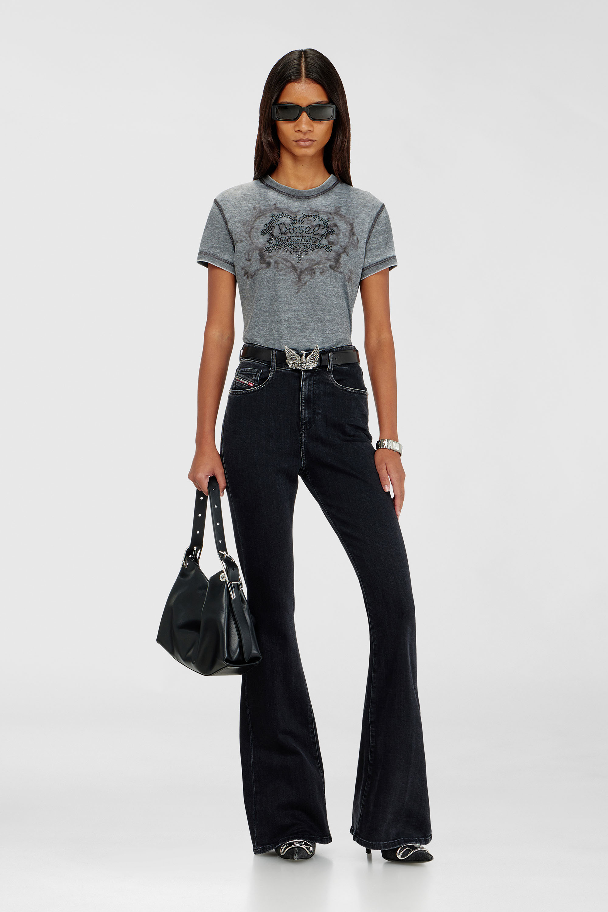 Diesel - T-ILA-AA1, T-shirt en jersey avec strass et burnout effect Femme in Gris - 1