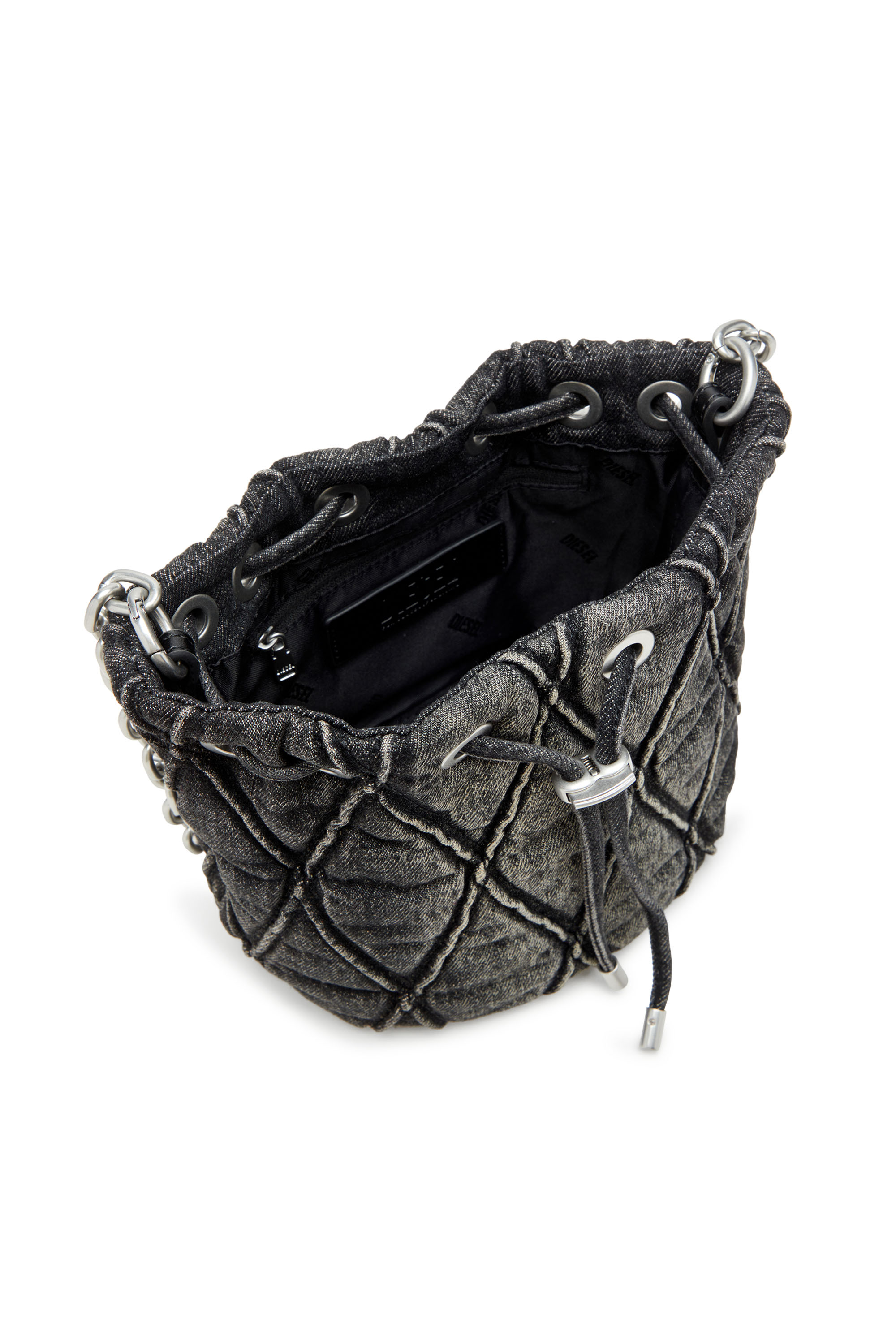 Diesel - CHARM-D BUCKET S, Charm-D S-Mini sac seau en denim matelassé traité Femme in Noir - 4