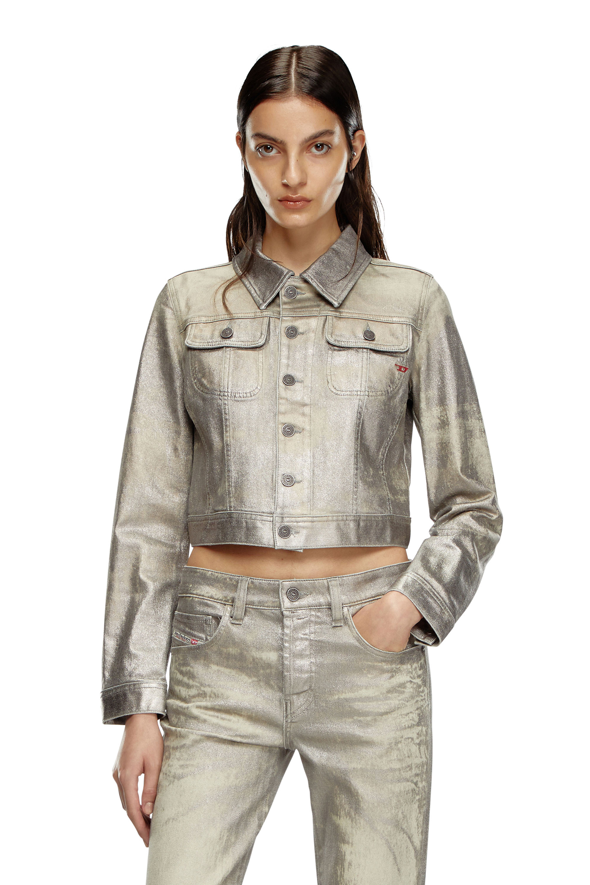 Diesel - DE-SLIMMY-S1, Veste trucker en toile de denim brillante Femme in Gris - 1