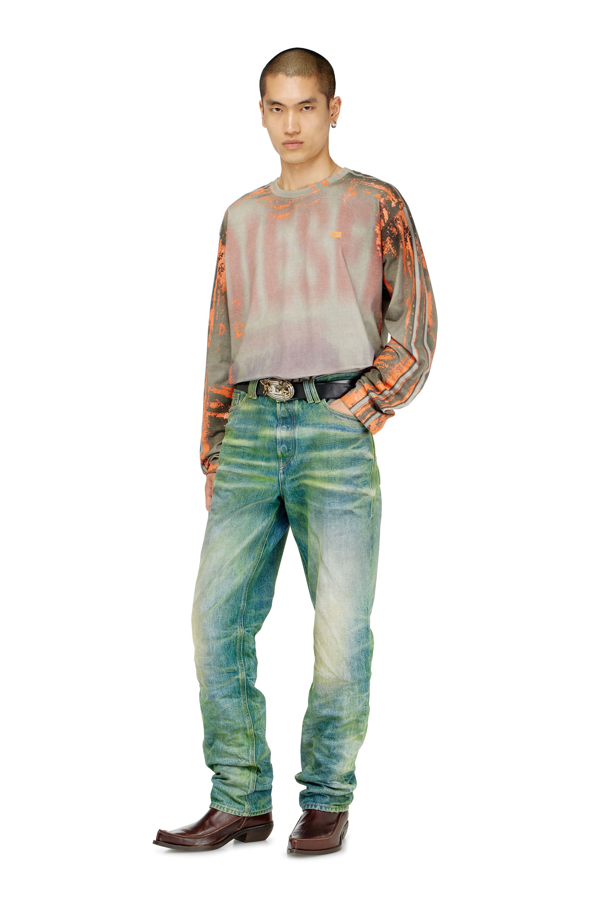 Diesel - T-FILMY, Man's Long-sleeve T-shirt in cracked jersey in Pink/Grey - 2