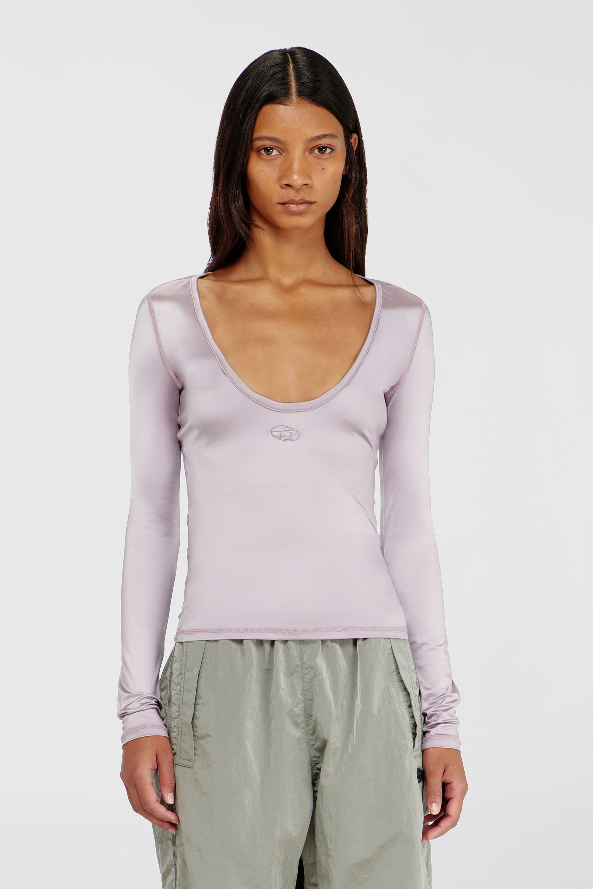 Diesel - T-ELPHIN-LS, Top slim en nylon &agrave; encolure d&eacute;gag&eacute;e avec Logo Oval D brod&eacute; Femme in Violet - 1