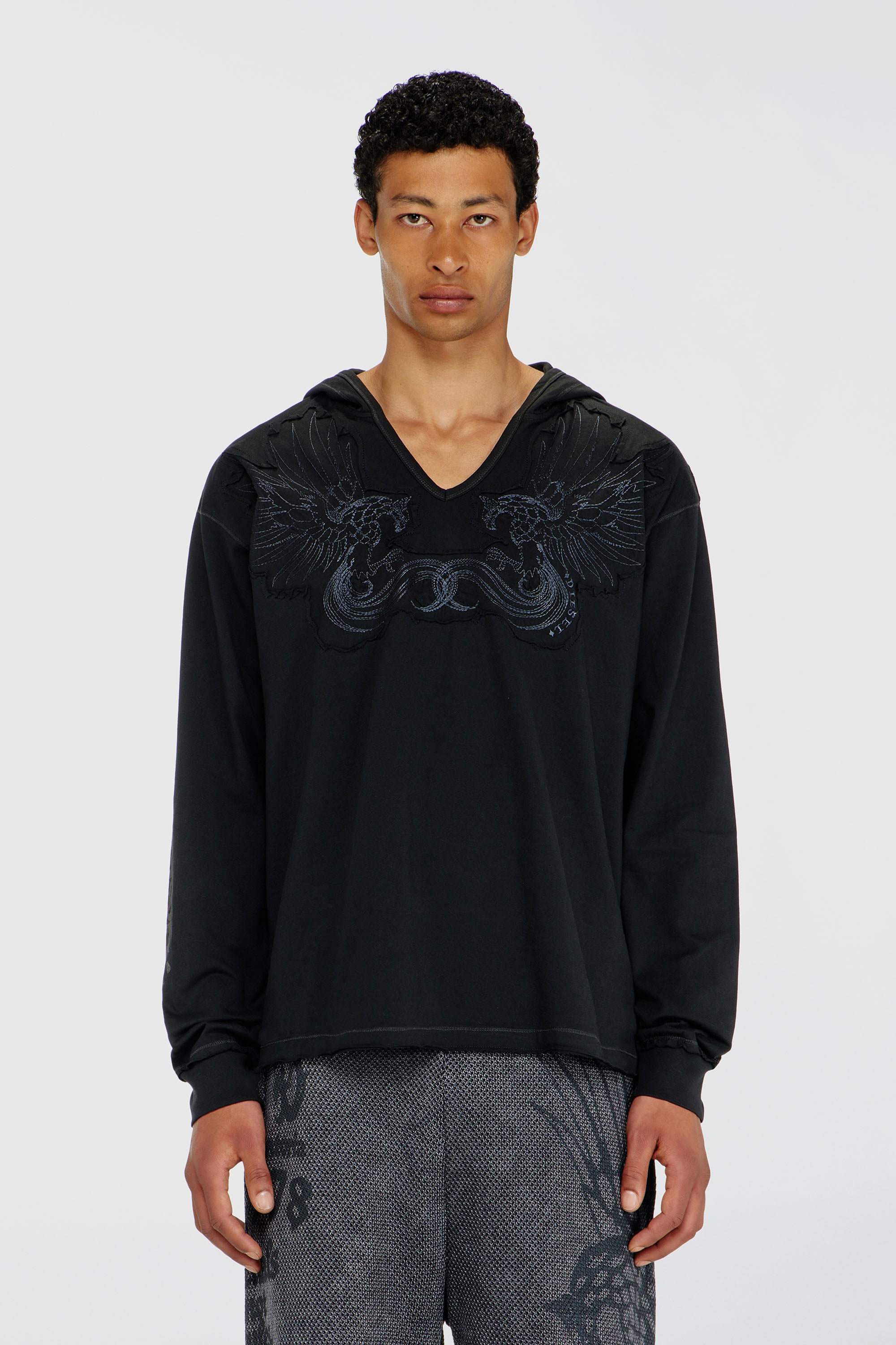 Diesel - T-PHEN-LS-HOOD-RIB, Sweat &agrave; capuche col V avec broderie sur le devant Homme in Noir - 1