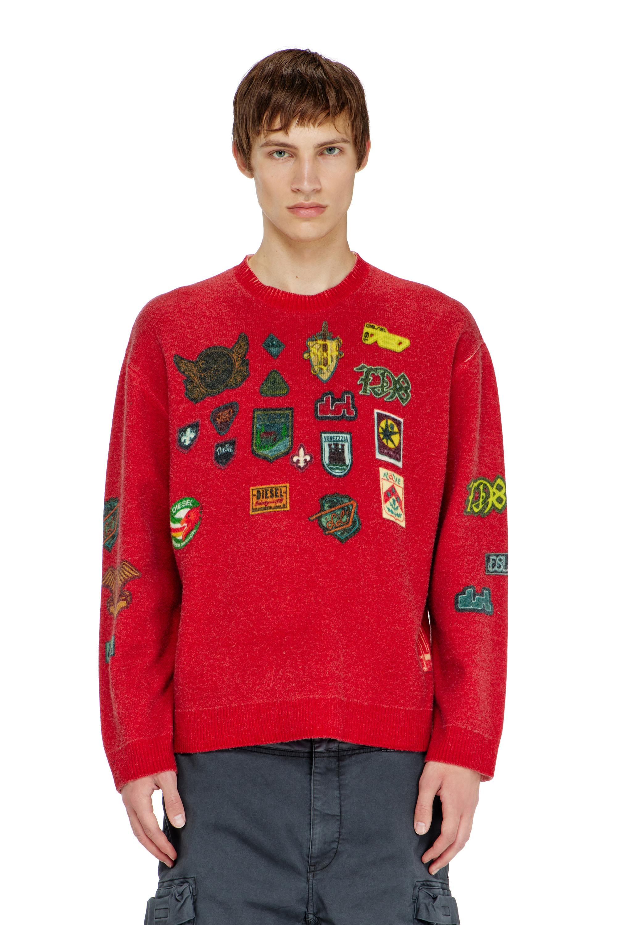 Diesel - K-PATCY, Pull en laine avec patchs imprim&eacute;s Homme in Rouge - 5