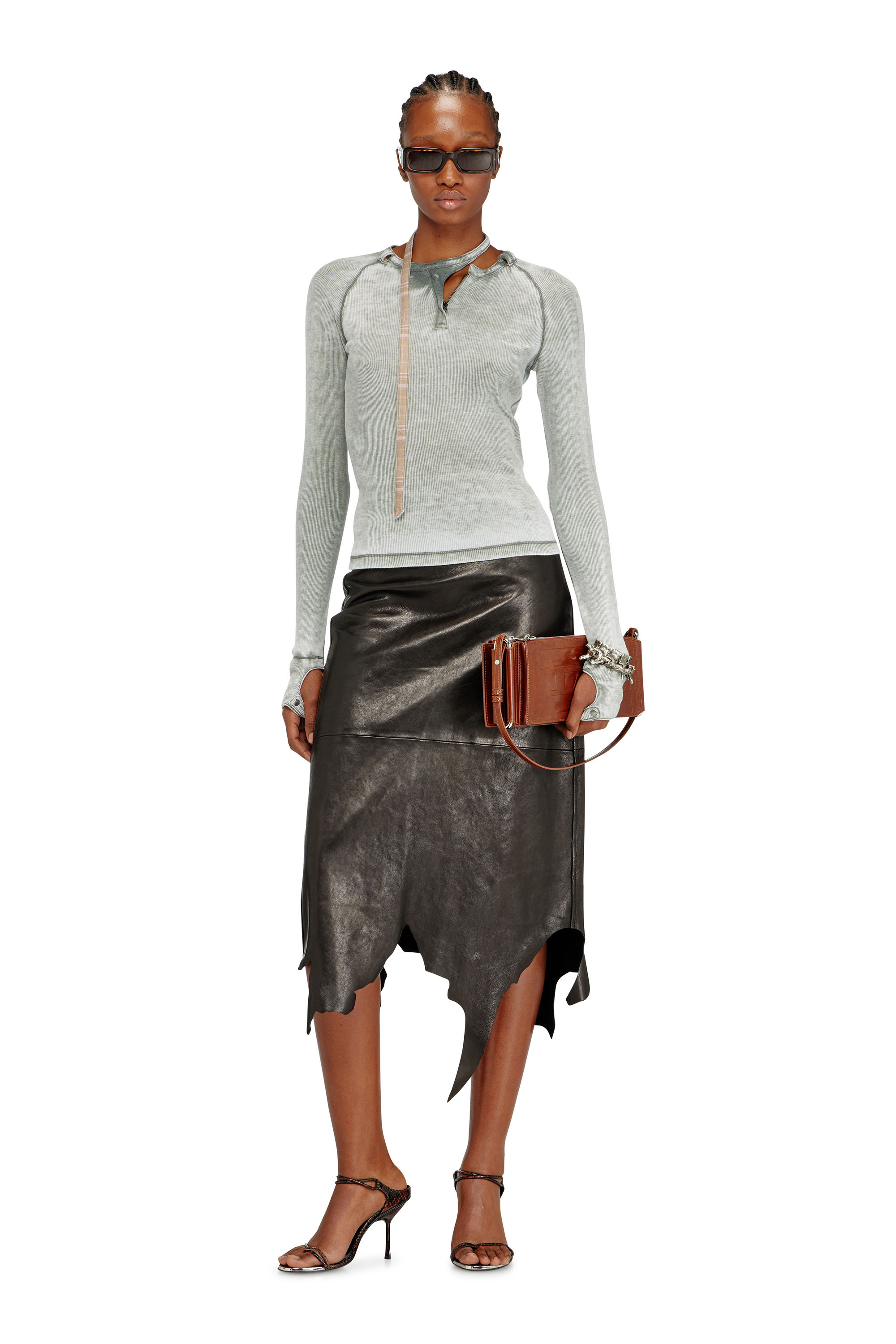 Diesel - L-TORN, Jupe &agrave; demi-longueur en cuir avec ourlet dentel&eacute; Femme in Noir - 1