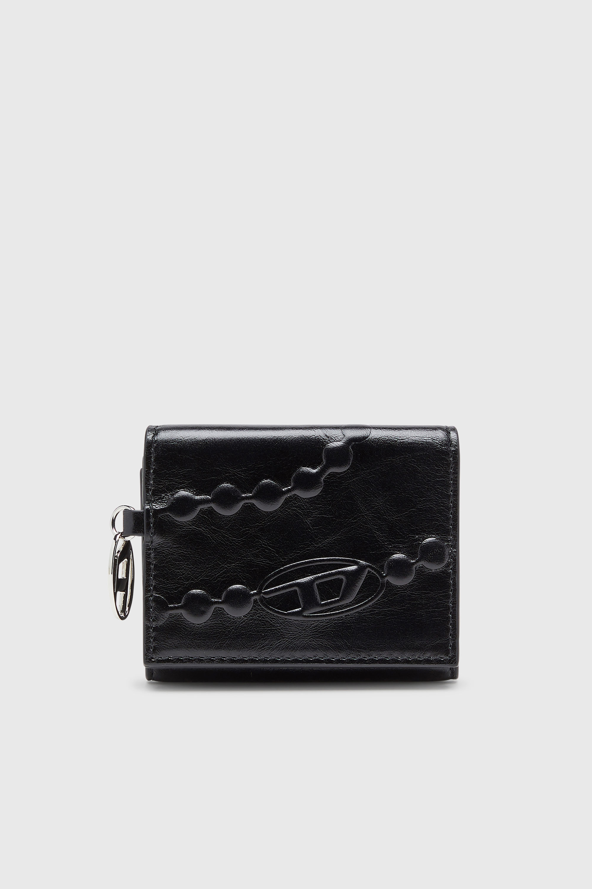 Diesel - OVAL-D TRI FOLD ZIP COIN XS II, Portefeuille en cuir &agrave; trois volets avec motif emboss&eacute; Femme in Noir - 1