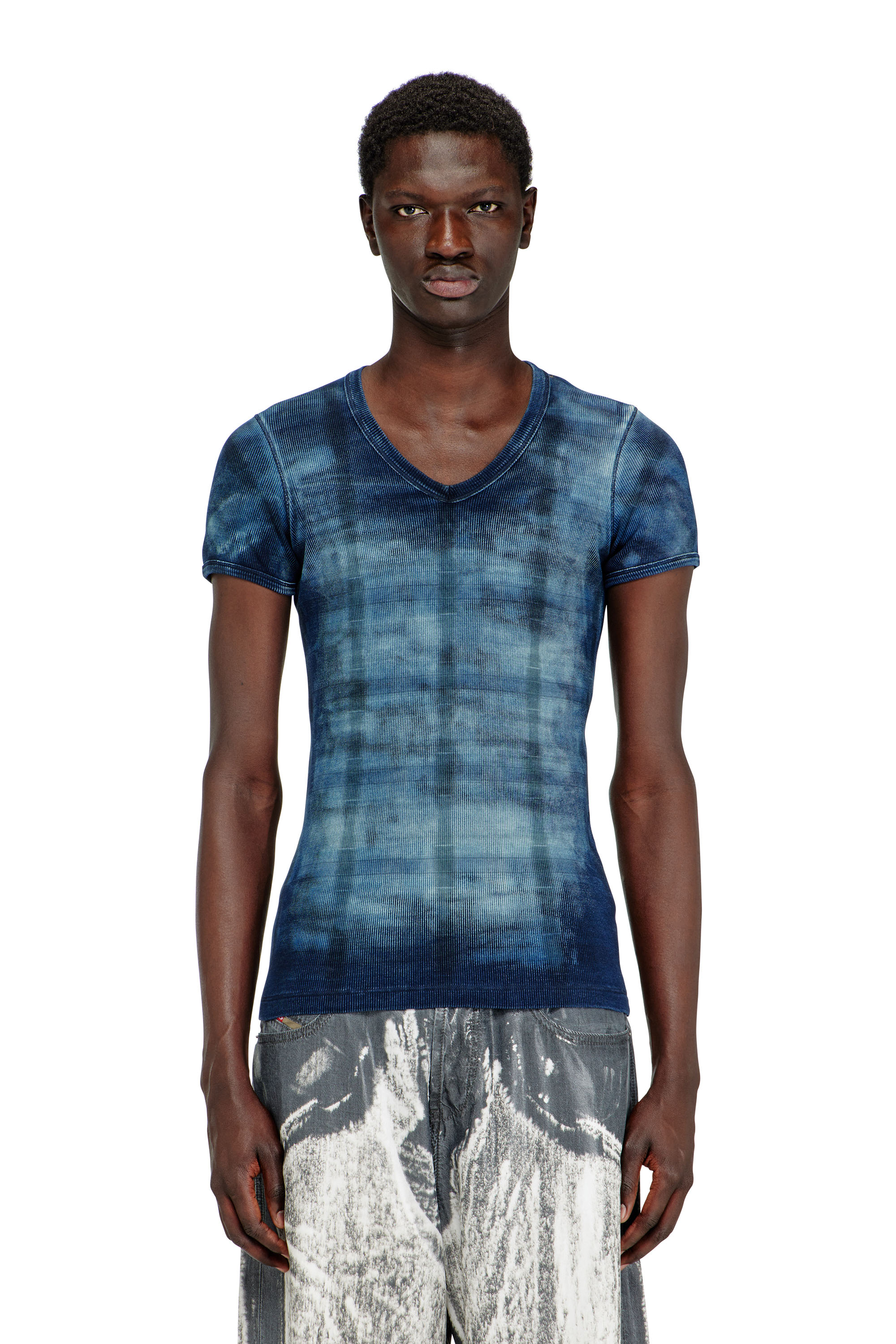 Diesel - T-LUUCAS, Top X-ray en jersey c&ocirc;tel&eacute; &agrave; imprim&eacute; carreaux Homme in Bleu - 1
