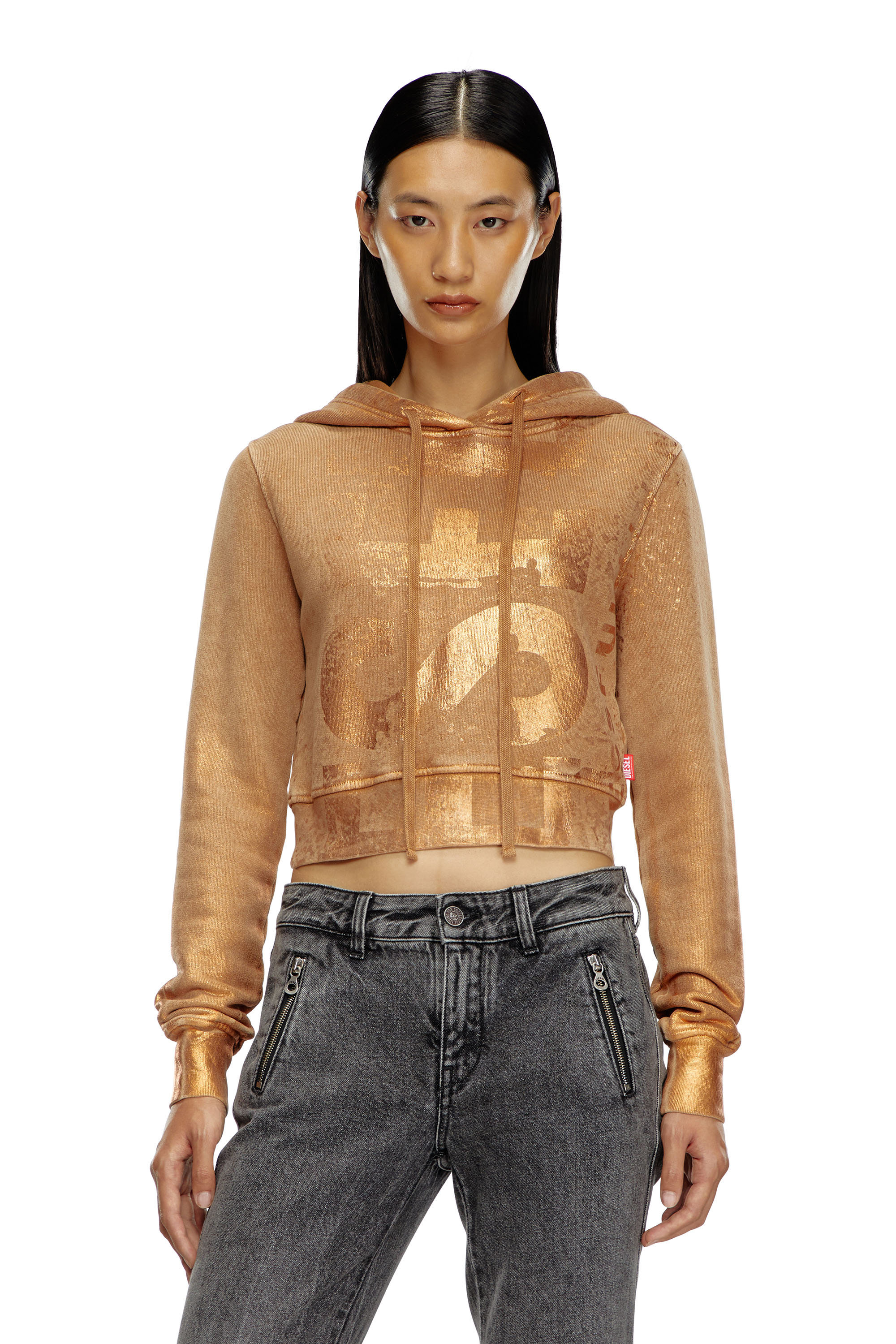 Diesel - F-SLIMMY-HOOD-P6, Femme Sweat-shirt à capuche crop avec effets métallisés in Marron - Image 1