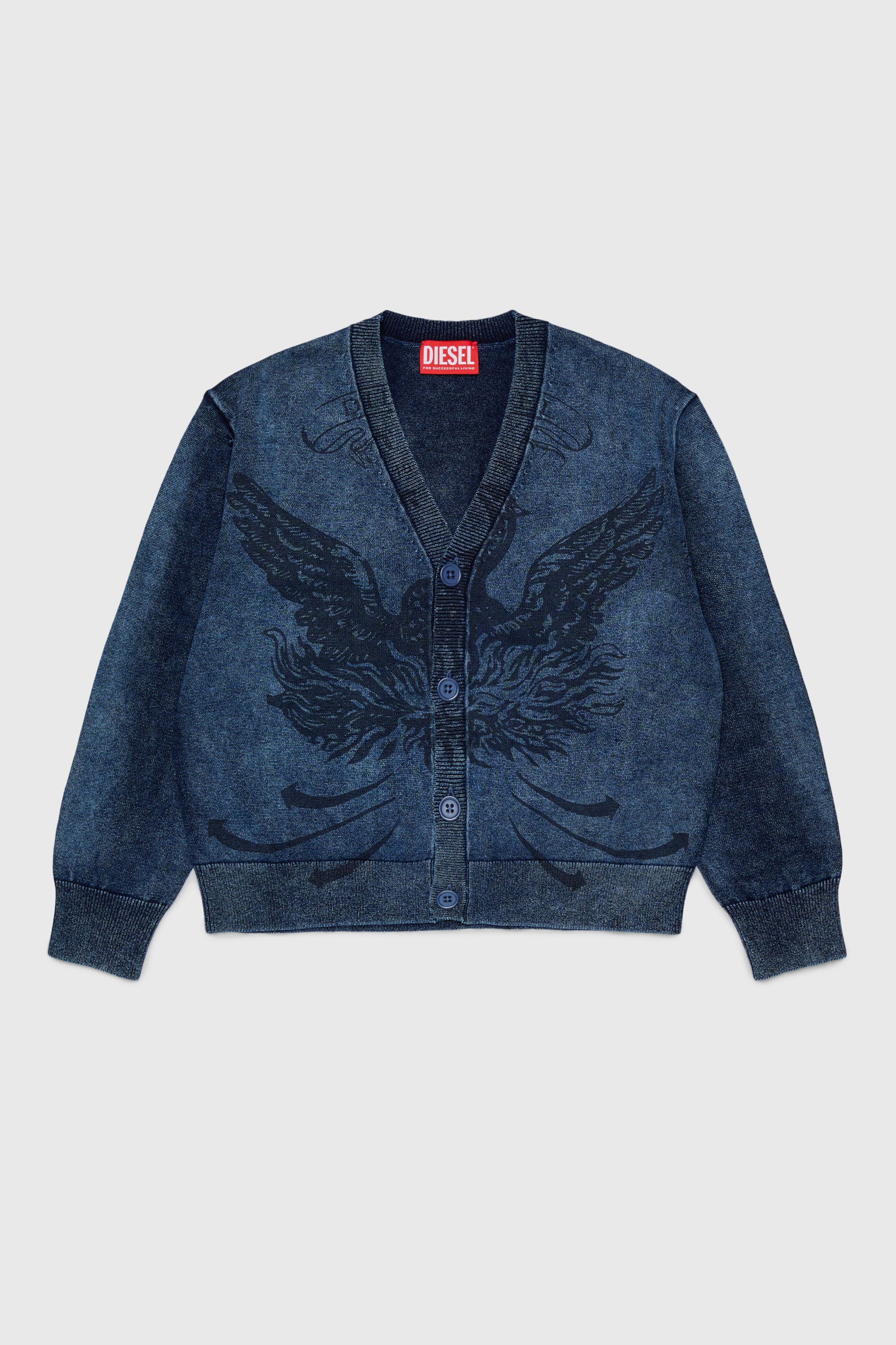 Diesel - KFINNIC CARDIGAN OVER, Cardigan effet denim avec motif ph&eacute;nix Homme in Bleu - 1