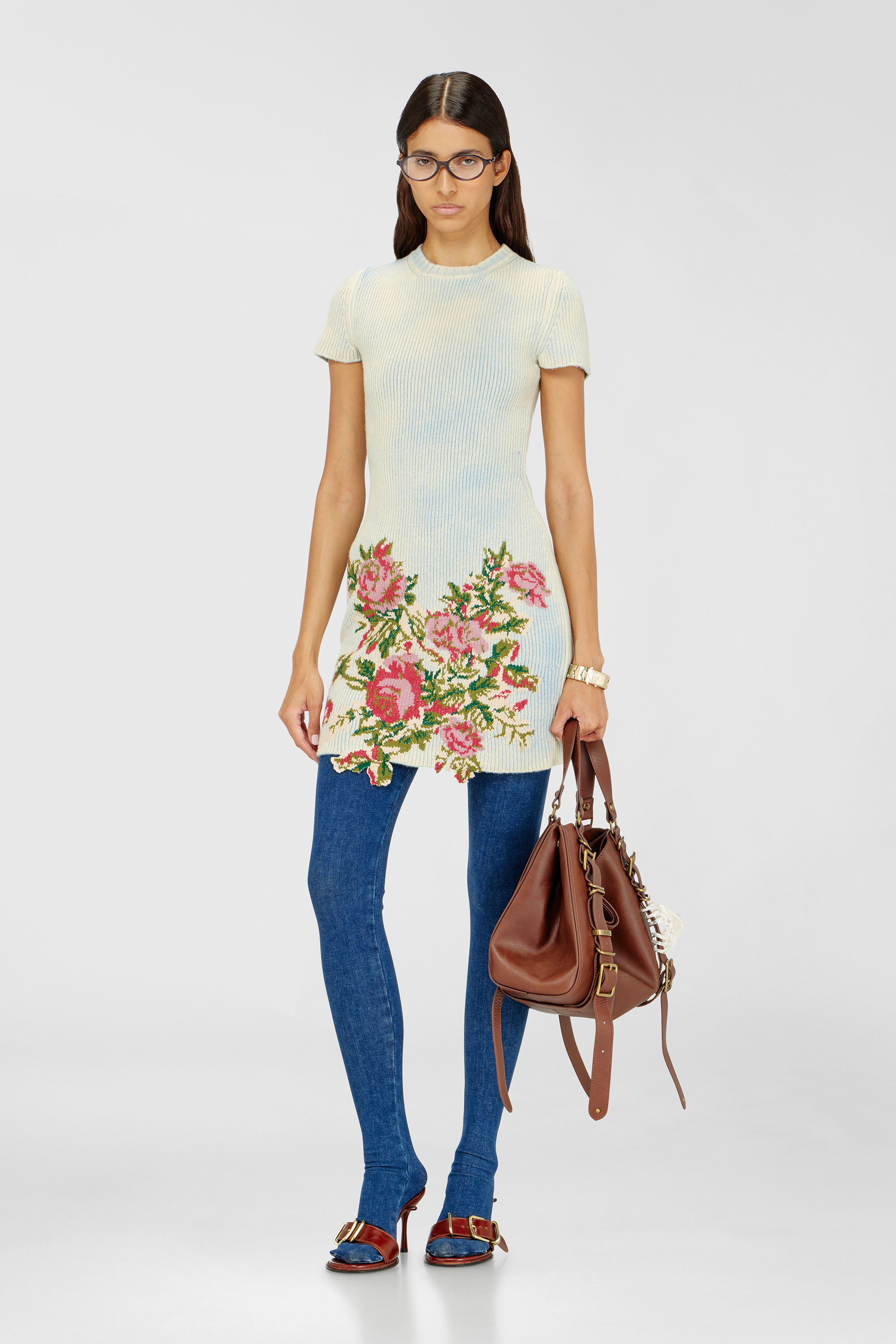 Diesel - M-RINNIE, Robe courte en maille m&eacute;lang&eacute;e laine &agrave; motif fleuri Femme in Polychrome - 2