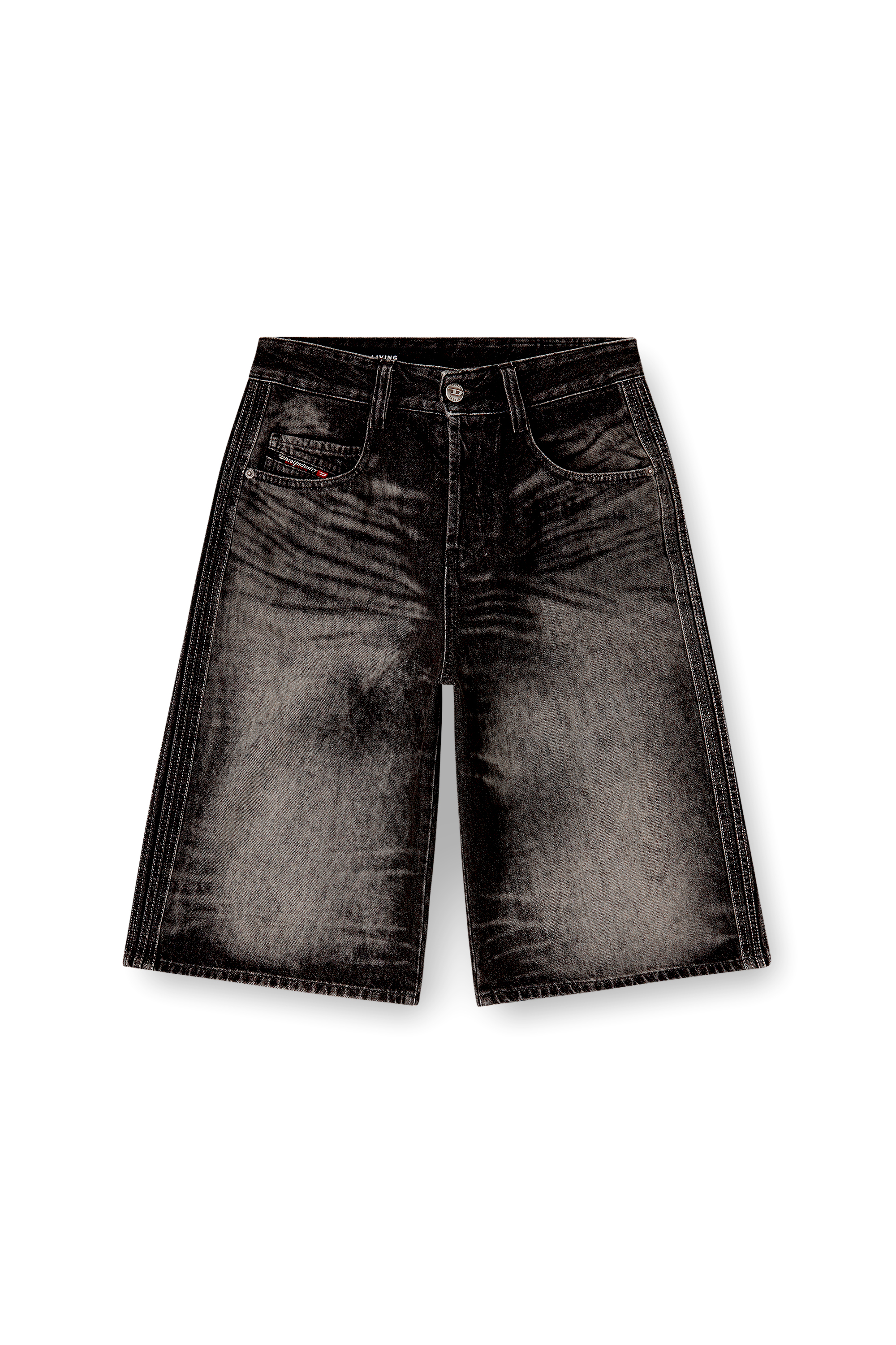 Diesel - D-ENIM-M-SHORT-S, Bermuda longs en denim coton-chanvre trait&eacute; Mixte in Noir - 3