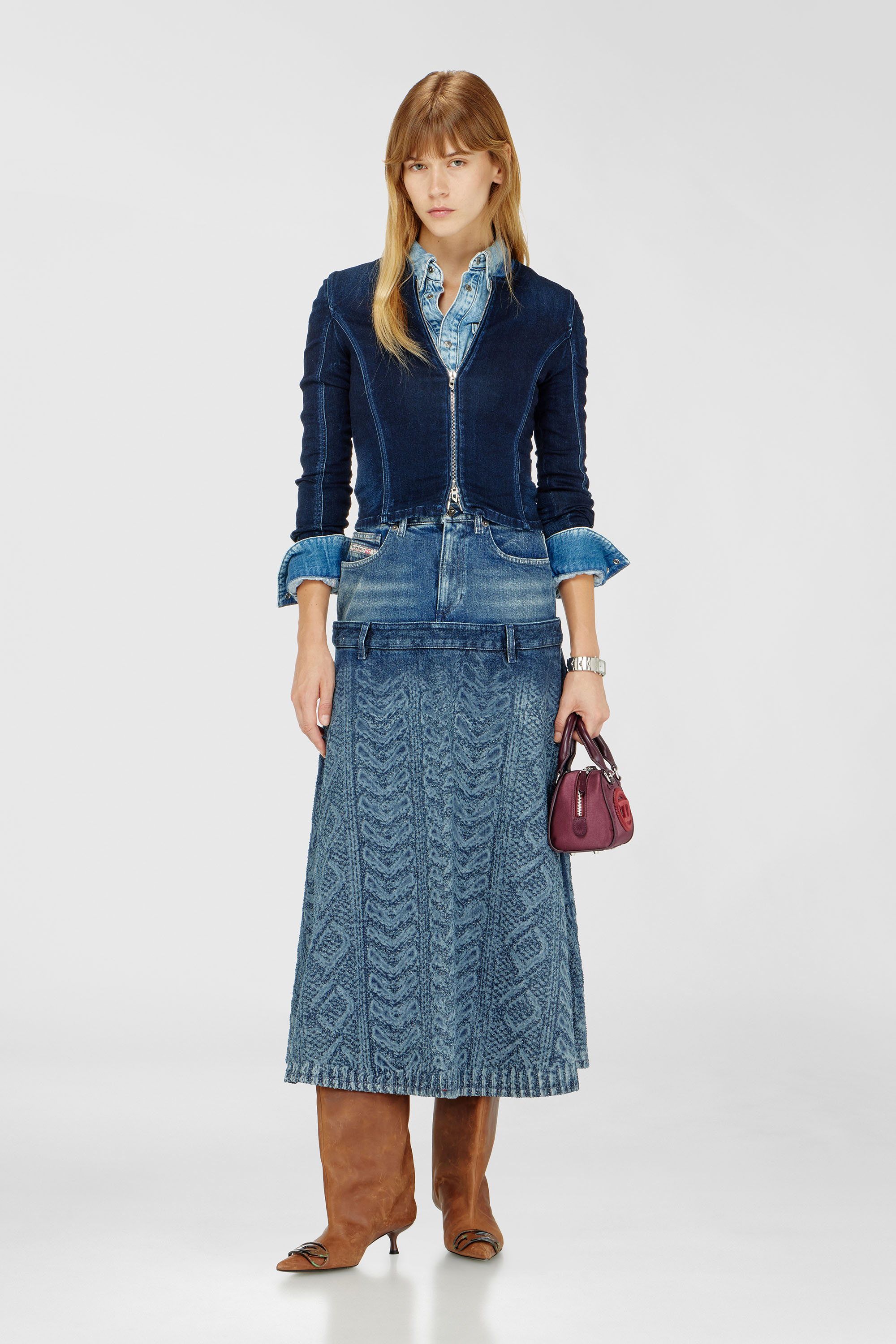 Diesel - DE-VORYA-S1, Jupe midi en denim effet maille torsad&eacute;e Femme in Bleu - 1