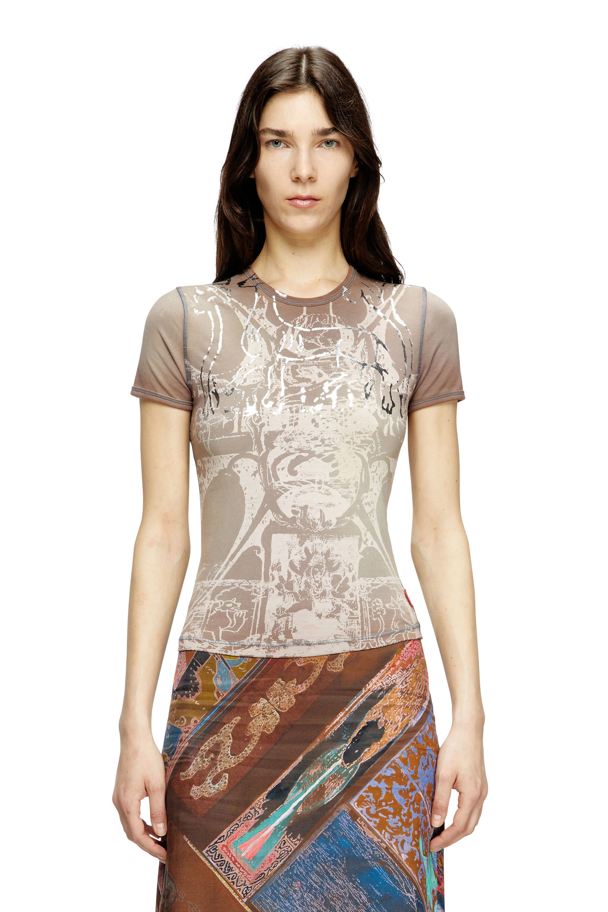 Diesel - T-UNCUTIES-LONG-R6, T-shirt avec imprimé métallisé Femme in Marron - 1