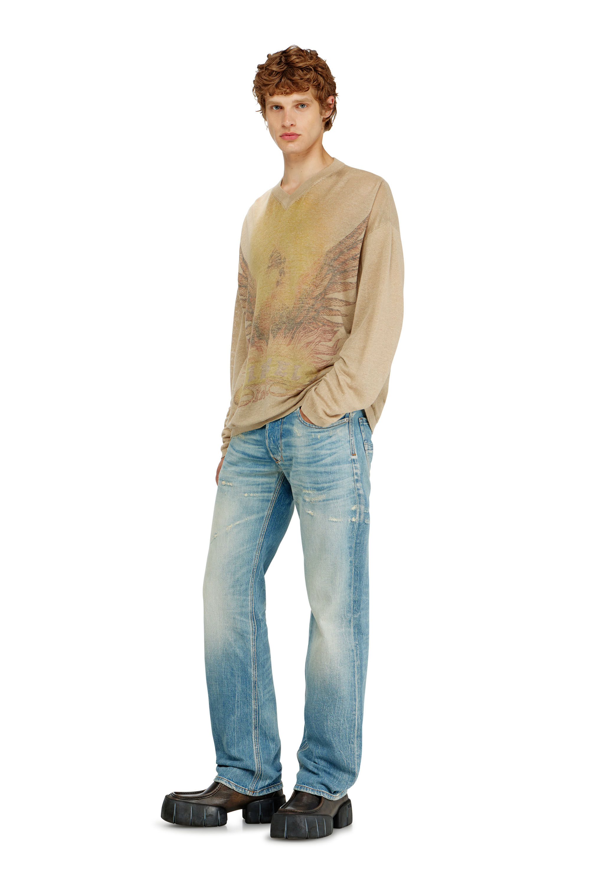Diesel - K-ARMINS, Pull en lin avec imprim&eacute; Phoenix d&eacute;lav&eacute; Homme in Beige - 2