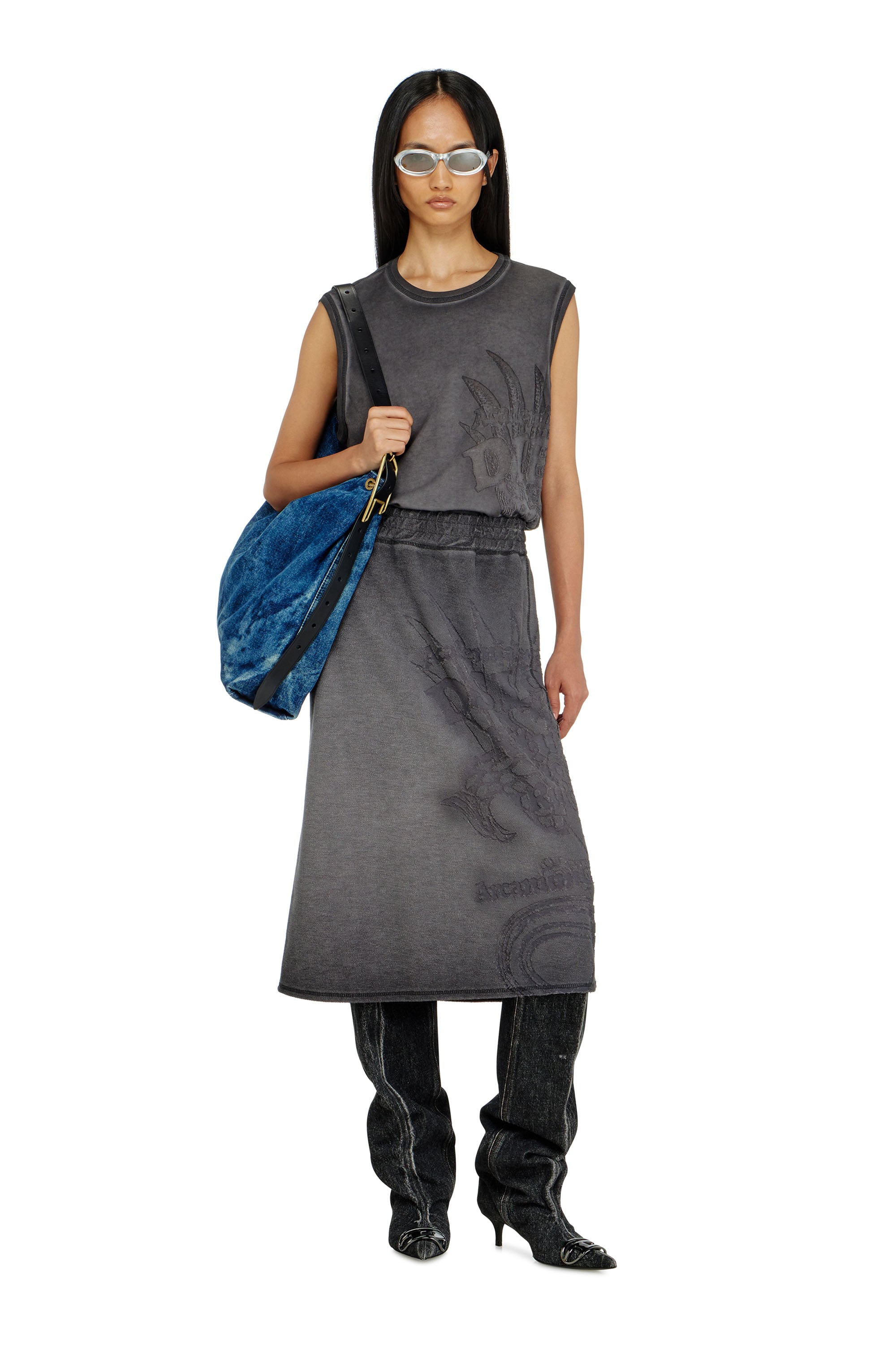 Diesel - O-BEAUTY, Jupe midi en molleton avec imprim&eacute; d&eacute;vor&eacute; Femme in Gris - 1