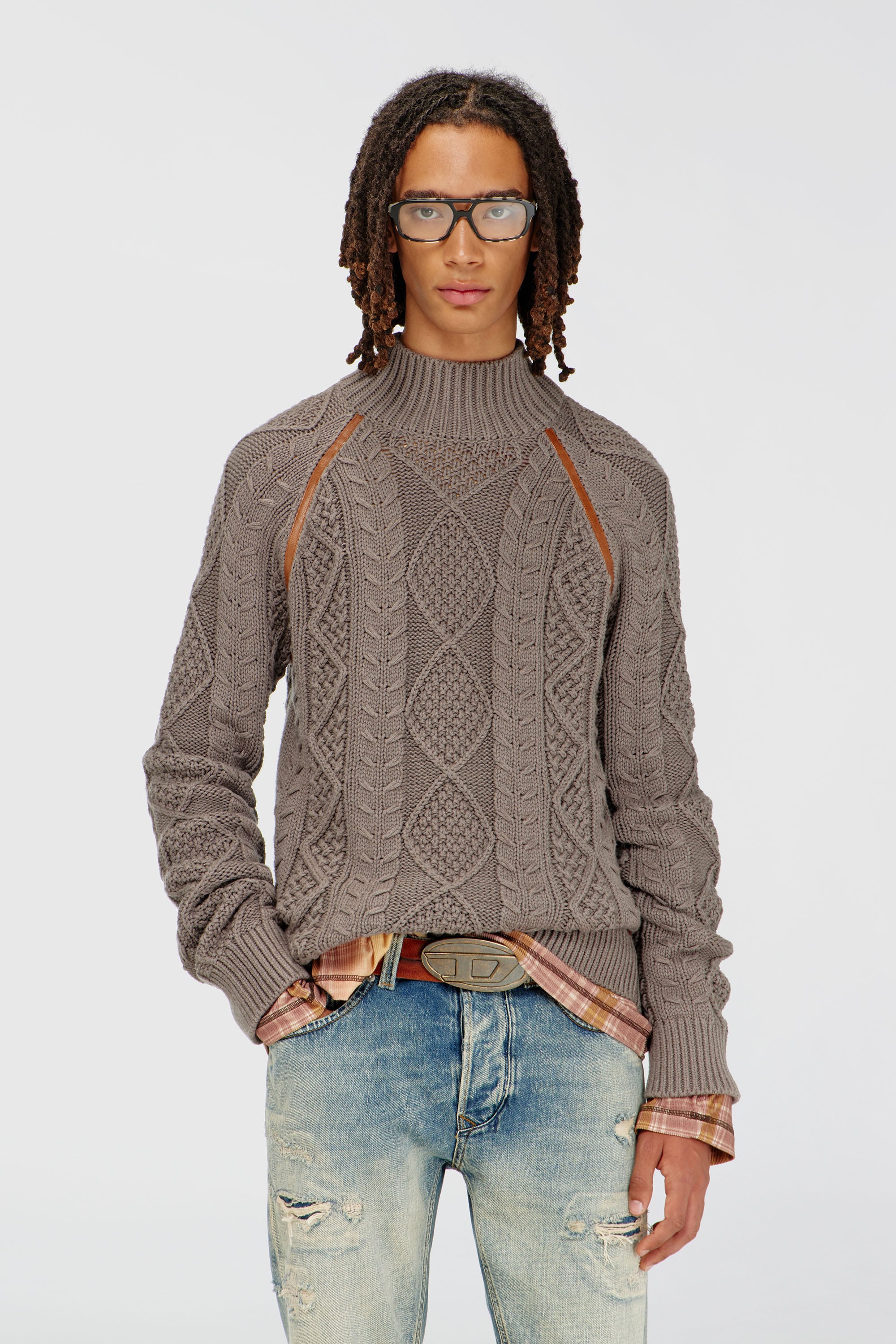 Diesel - K-INOME, Pull &agrave; col roul&eacute; en maille torsad&eacute;e Homme in Marron - 1