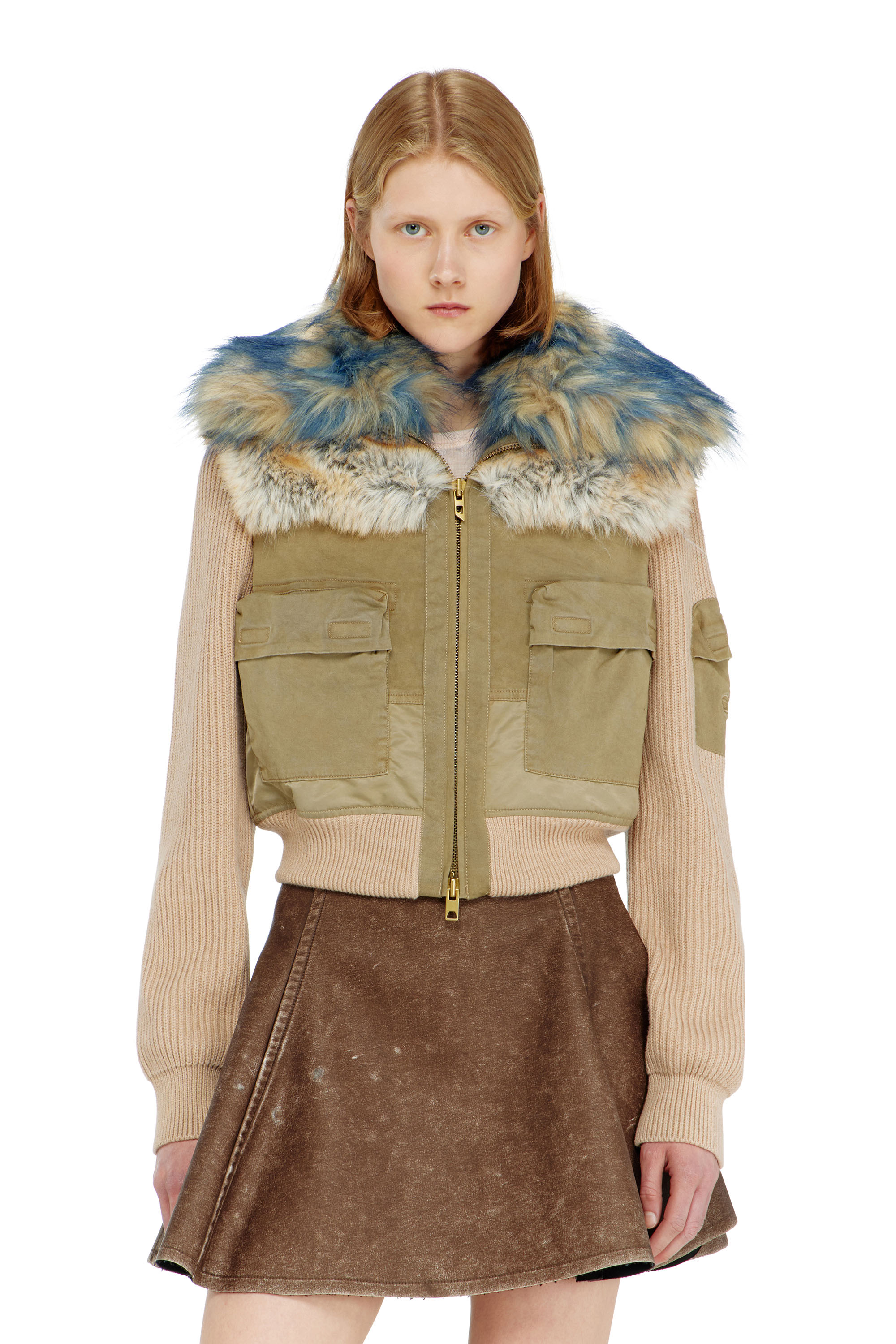 Diesel - G-USTAV, Blouson avec finitions en maille c&ocirc;tel&eacute;e et effet peluche Femme in Beige - 1