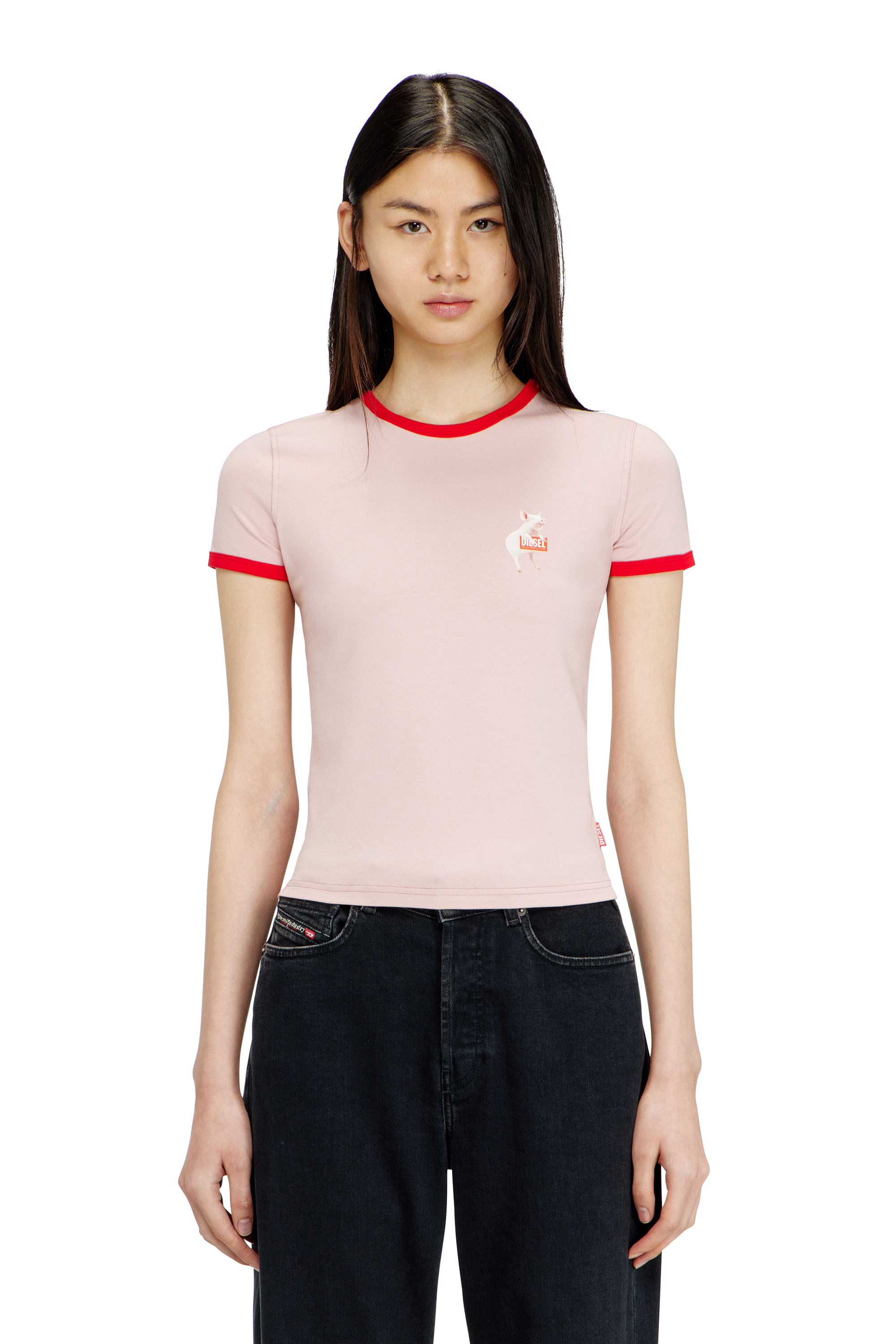 Diesel - T-UNCUTIES-LONG-S12, T-shirt ajust&eacute;e avec imprim&eacute; cochon Femme in Rose - 1