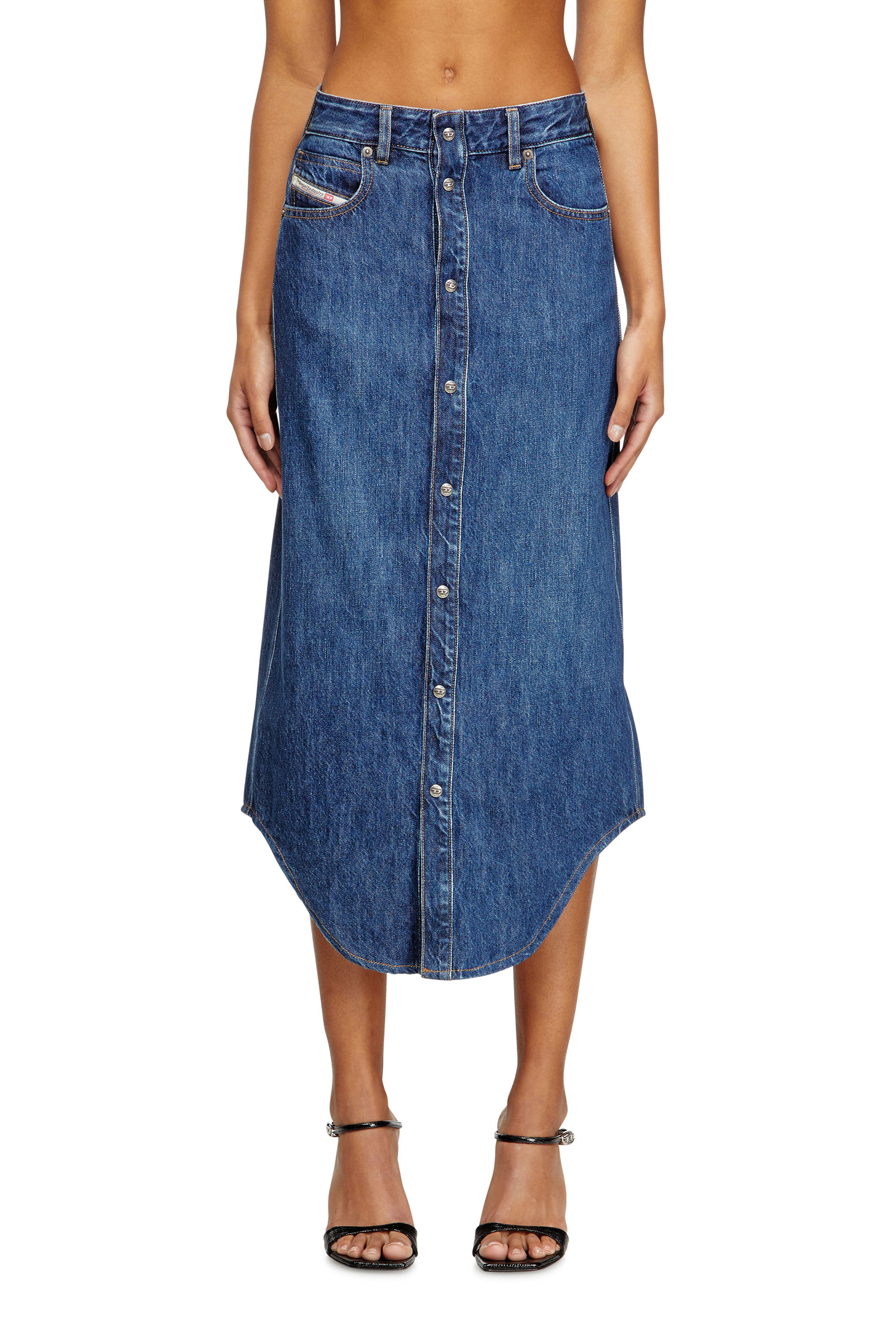Diesel - DE-ARD-LONG, Jupe en denim avec boutons sur le devant Femme in Bleu - 1