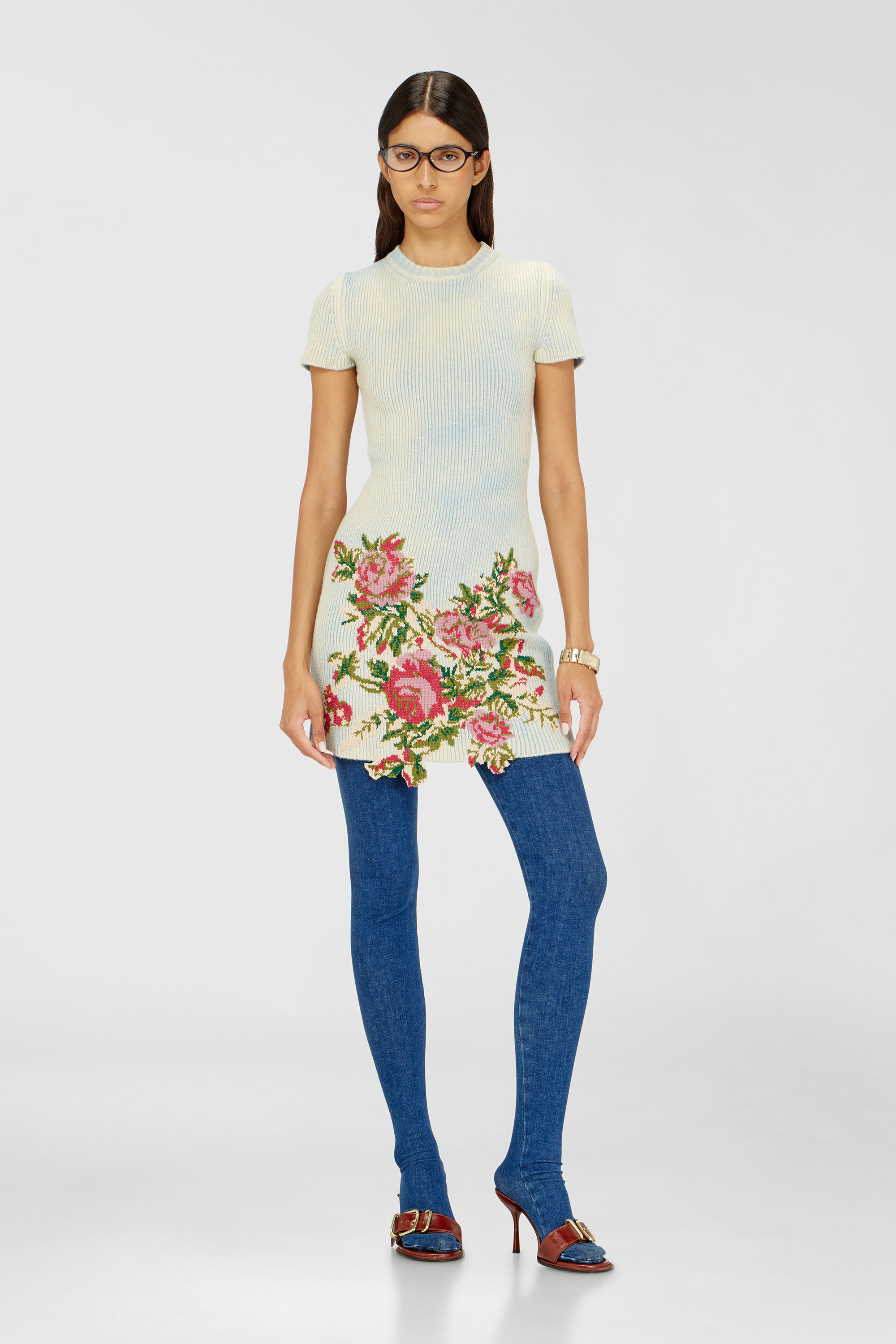 Diesel - M-RINNIE, Robe courte en maille m&eacute;lang&eacute;e laine &agrave; motif fleuri Femme in Polychrome - 1