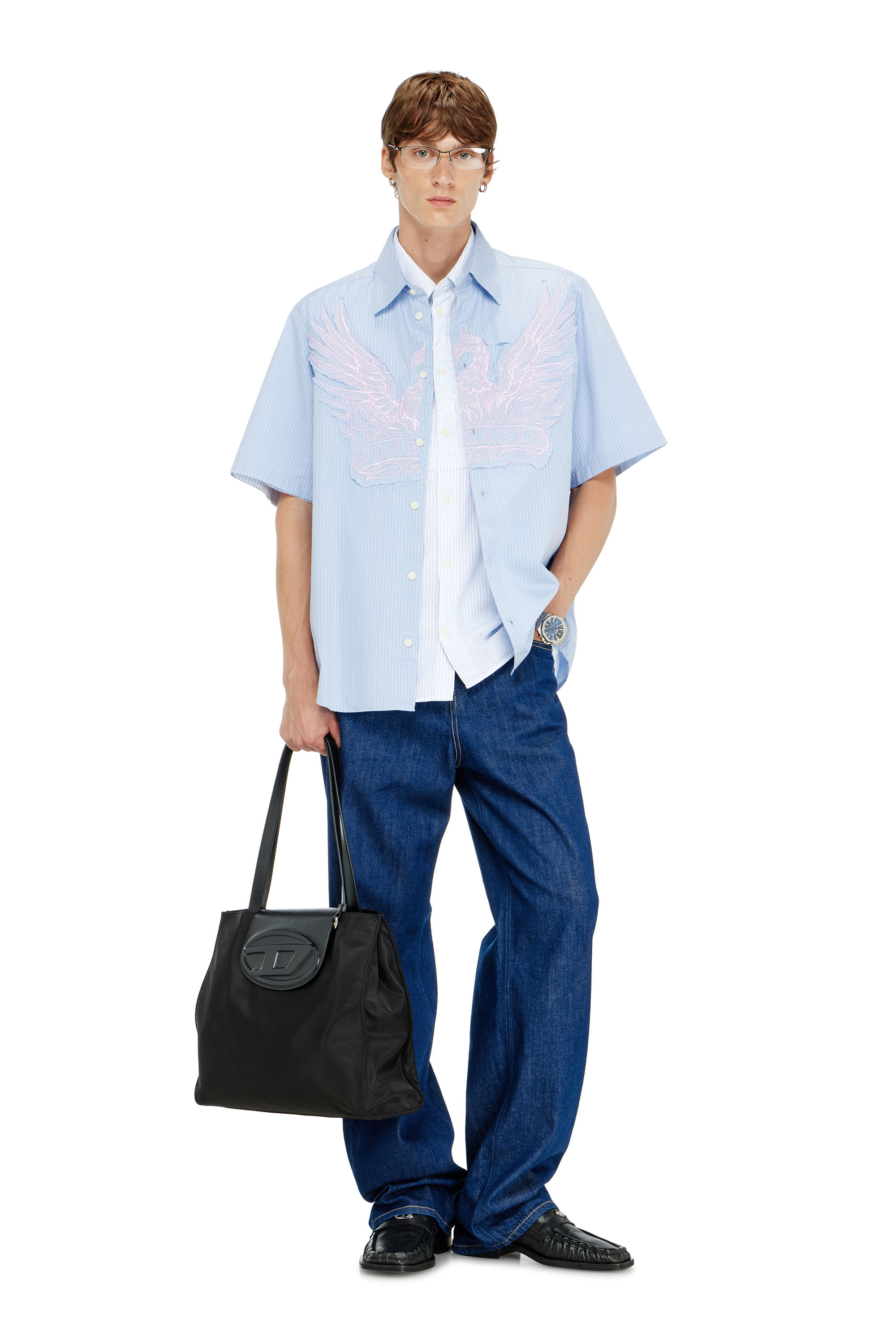 Diesel - S-SIMPLY-SS-AGCZ, Chemise en popeline ray&eacute;e avec patch brod&eacute; Homme in Bleu - 2