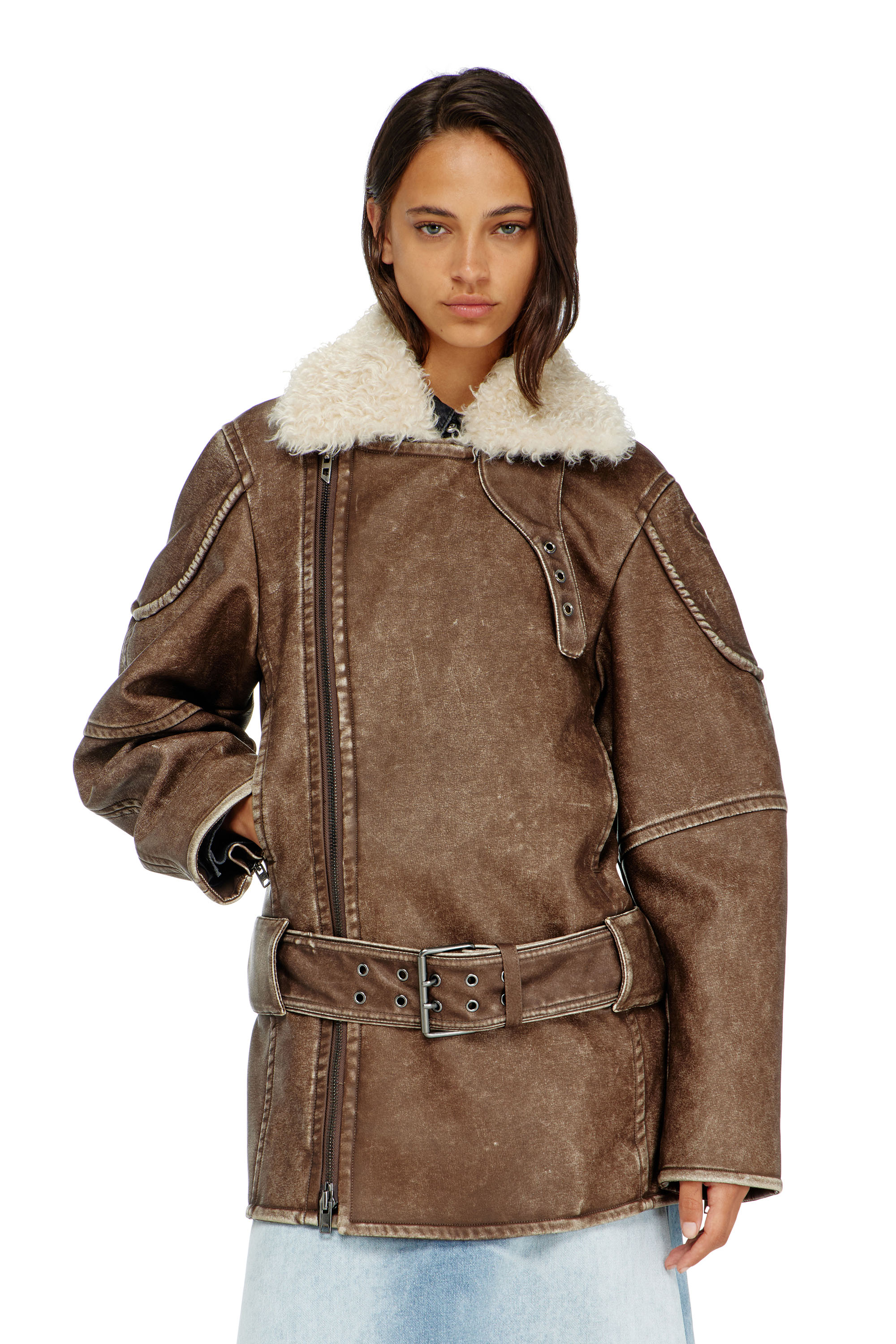 Diesel - G-EYSER, Manteau aviateur-biker crois&eacute; Femme in Marron - 3