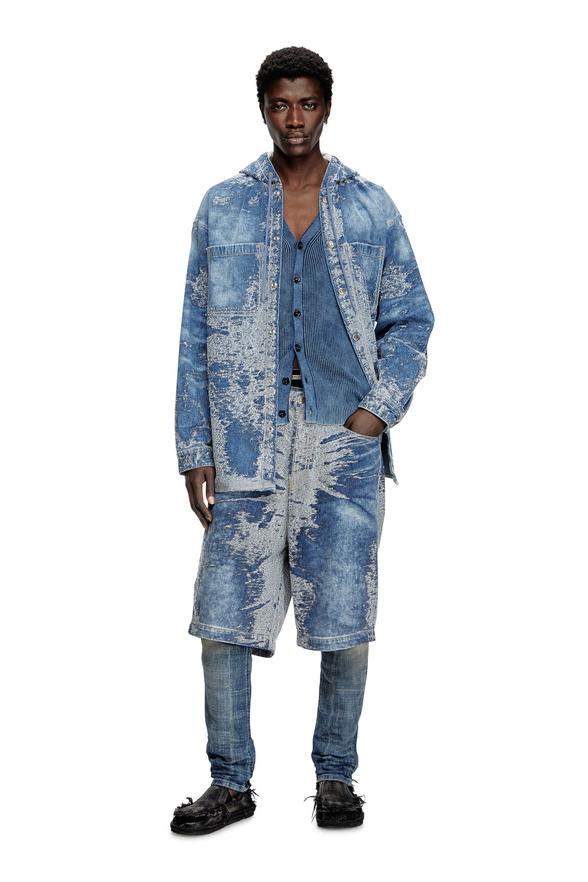 Diesel - D-DEWNYS-HOOD-S, Man's Overshirt in distressed jacquard denim in Medium blue - 2