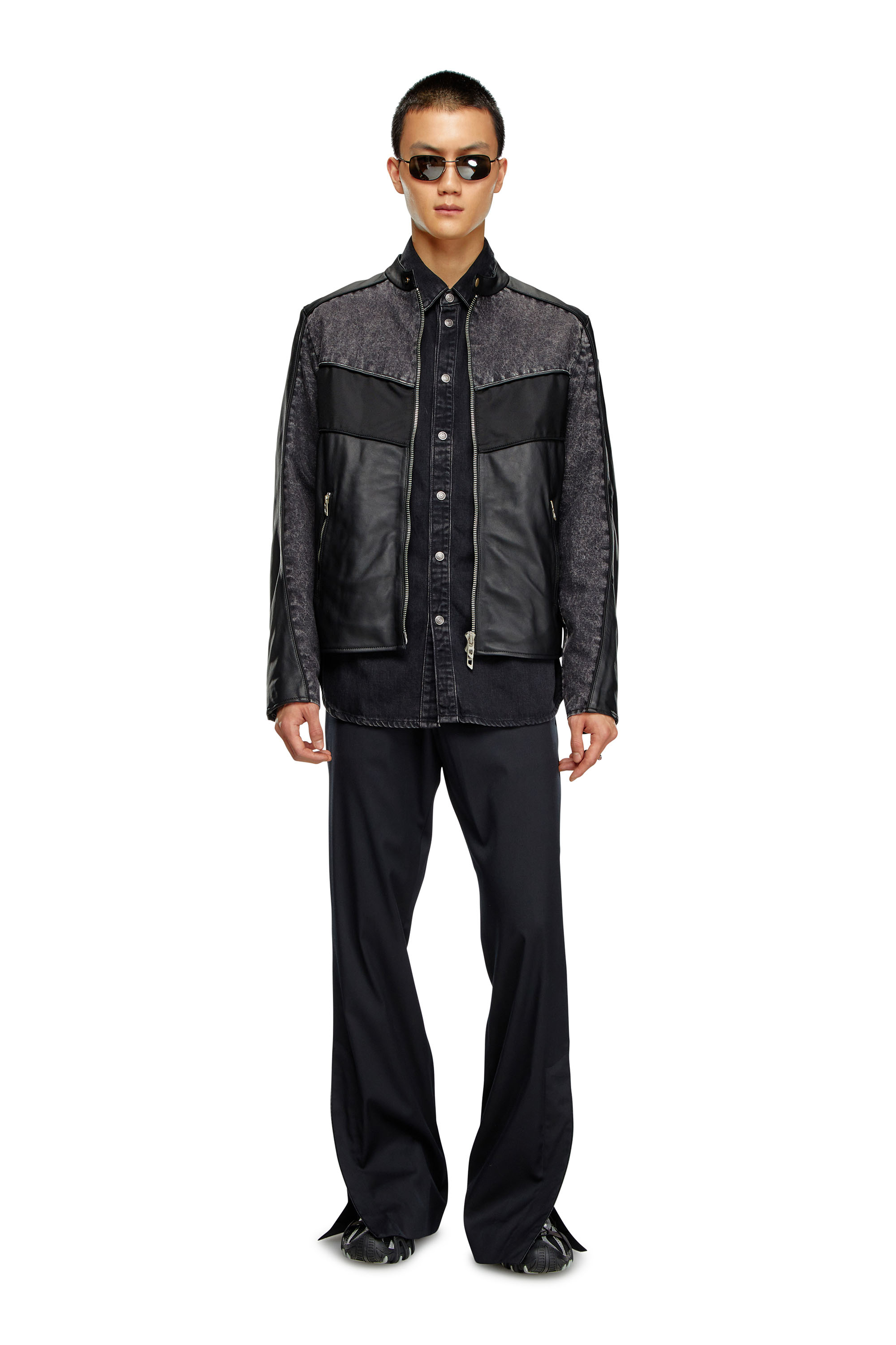 Diesel - L-LEOPOL, Man Denim and shell-panelled leather jacket in Black - Image 2