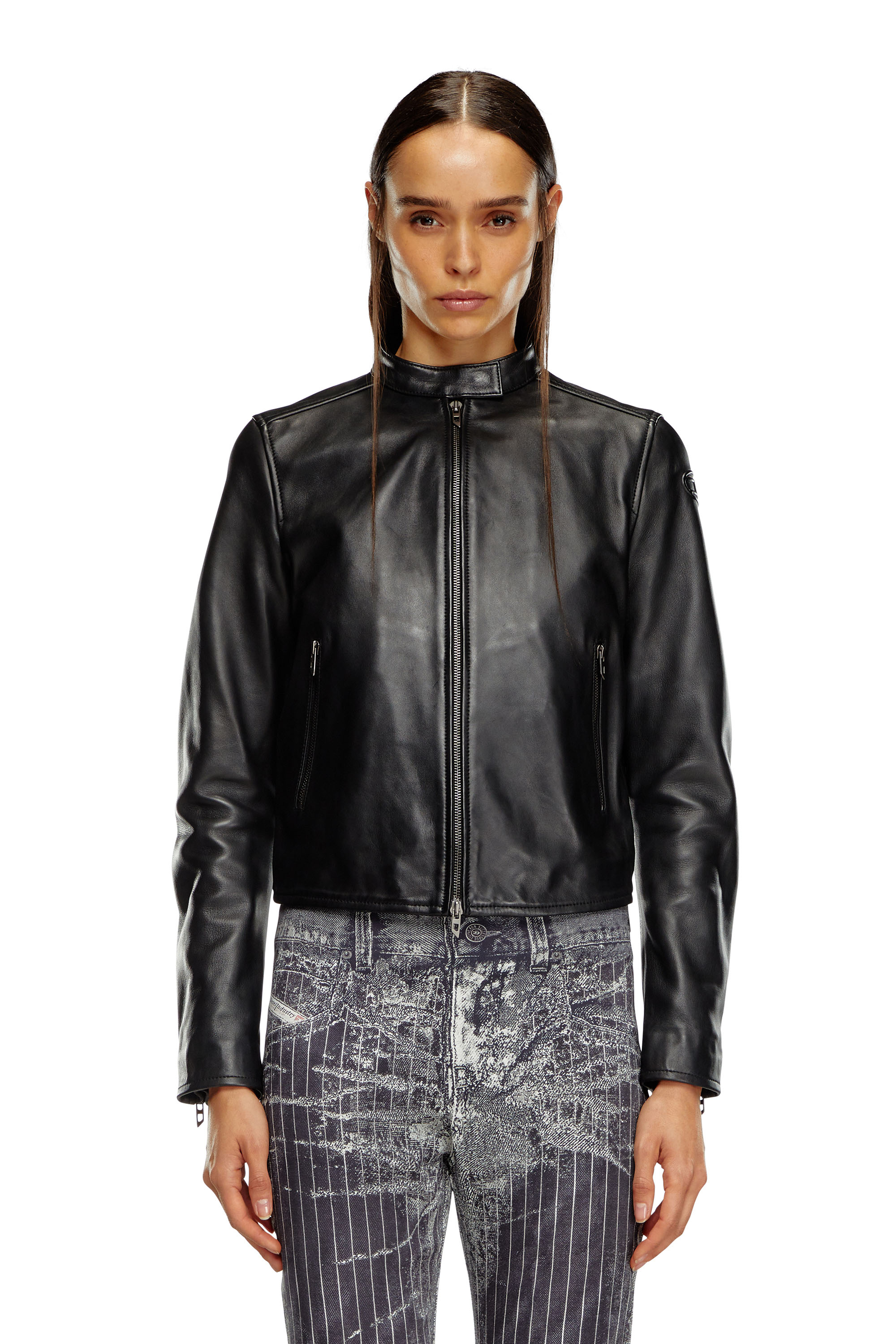 Diesel - L-AYLA, Blouson biker en cuir avec logo embossé Femme in Noir - 6