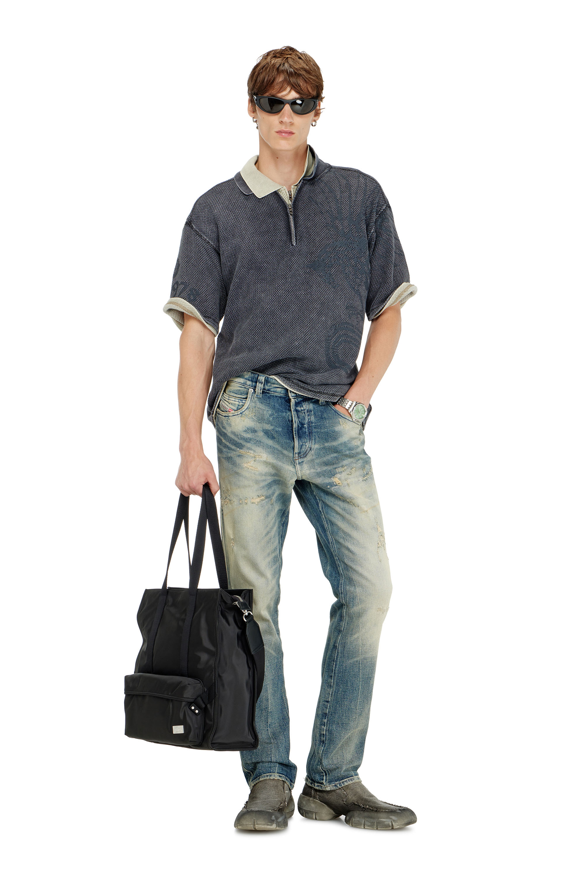 Diesel - T-ERRY-ZIP, Polo en mesh jacquard avec imprim&eacute; Phoenix Homme in Gris - 1