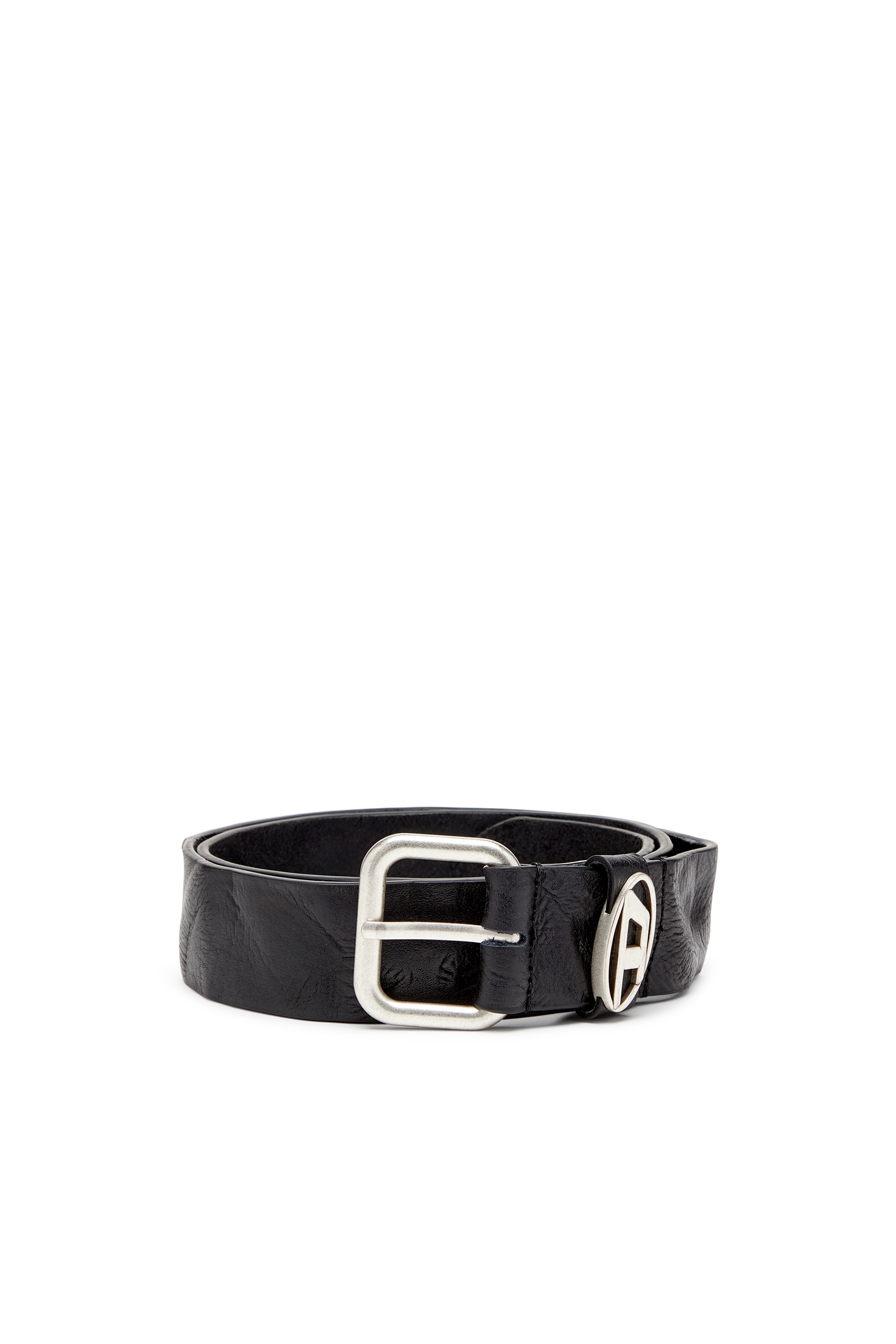 Diesel - B-1DR OVAL D LOOP, Ceinture en cuir froissé avec plaque à logo Mixte in Noir - 1