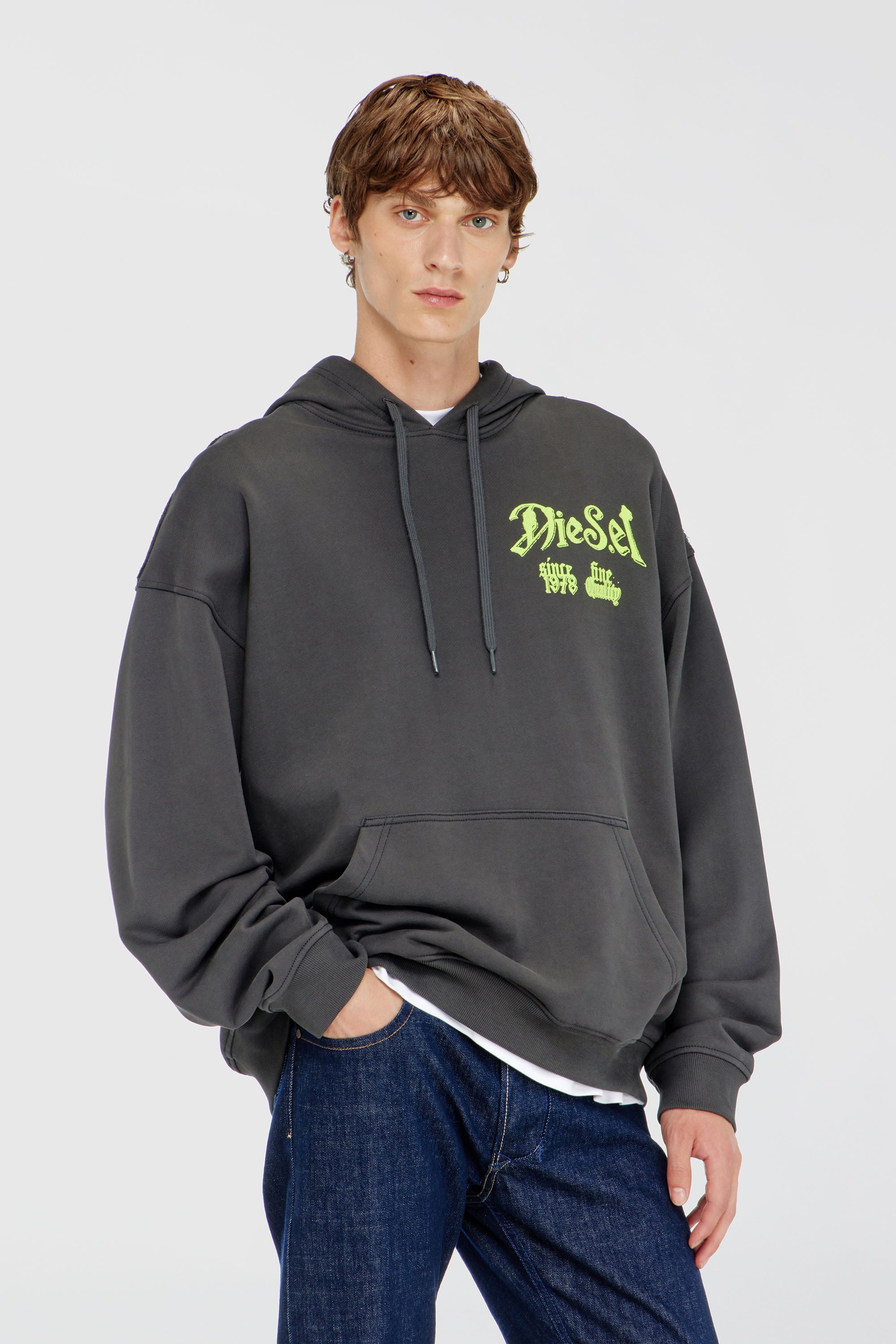 Diesel - S-BOXT-HOOD-AA2, Sweat &agrave; capuche en coton avec graphismes floqu&eacute;s Homme in Gris - 1