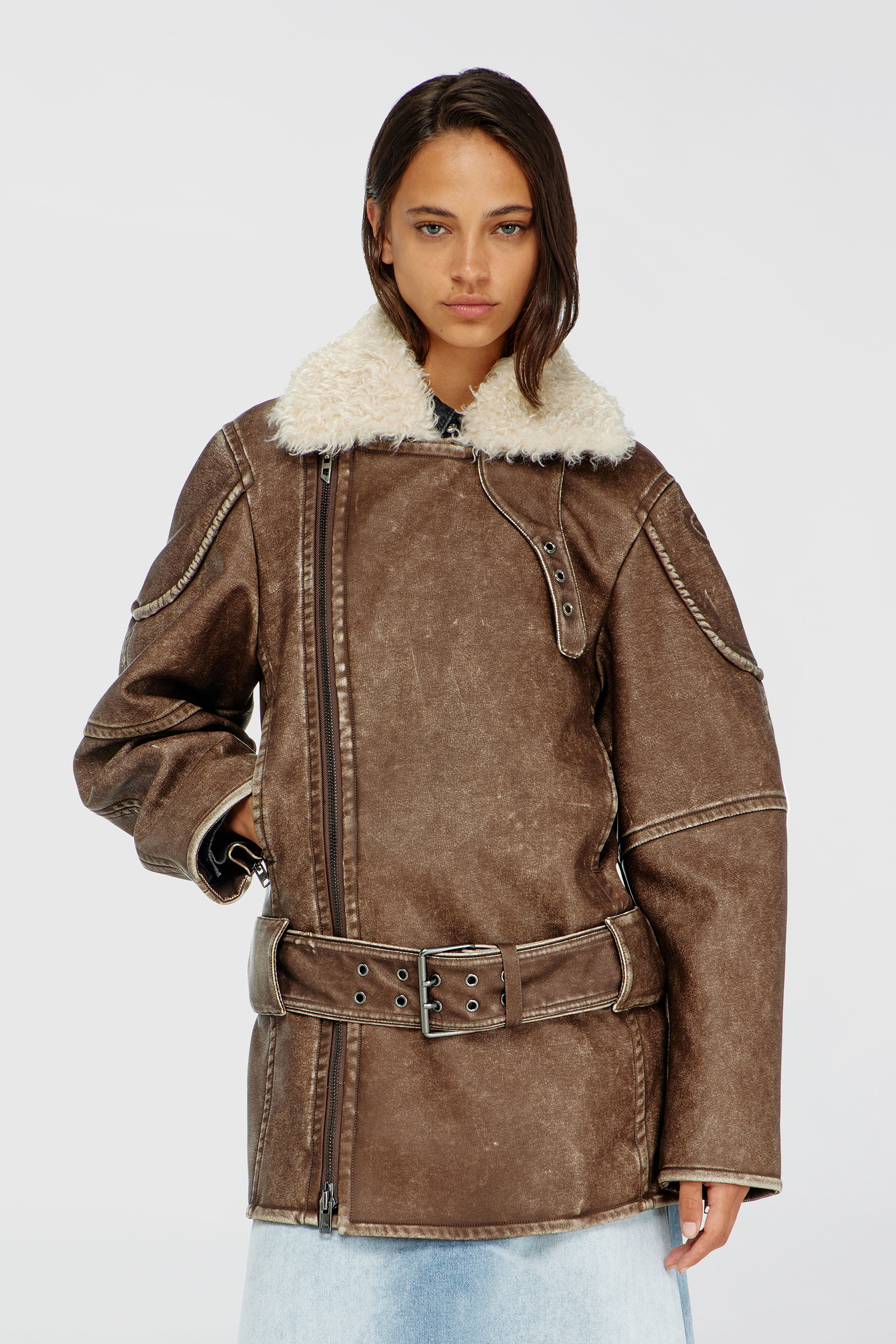 Diesel - G-EYSER, Manteau aviateur-biker crois&eacute; Femme in Marron - 3