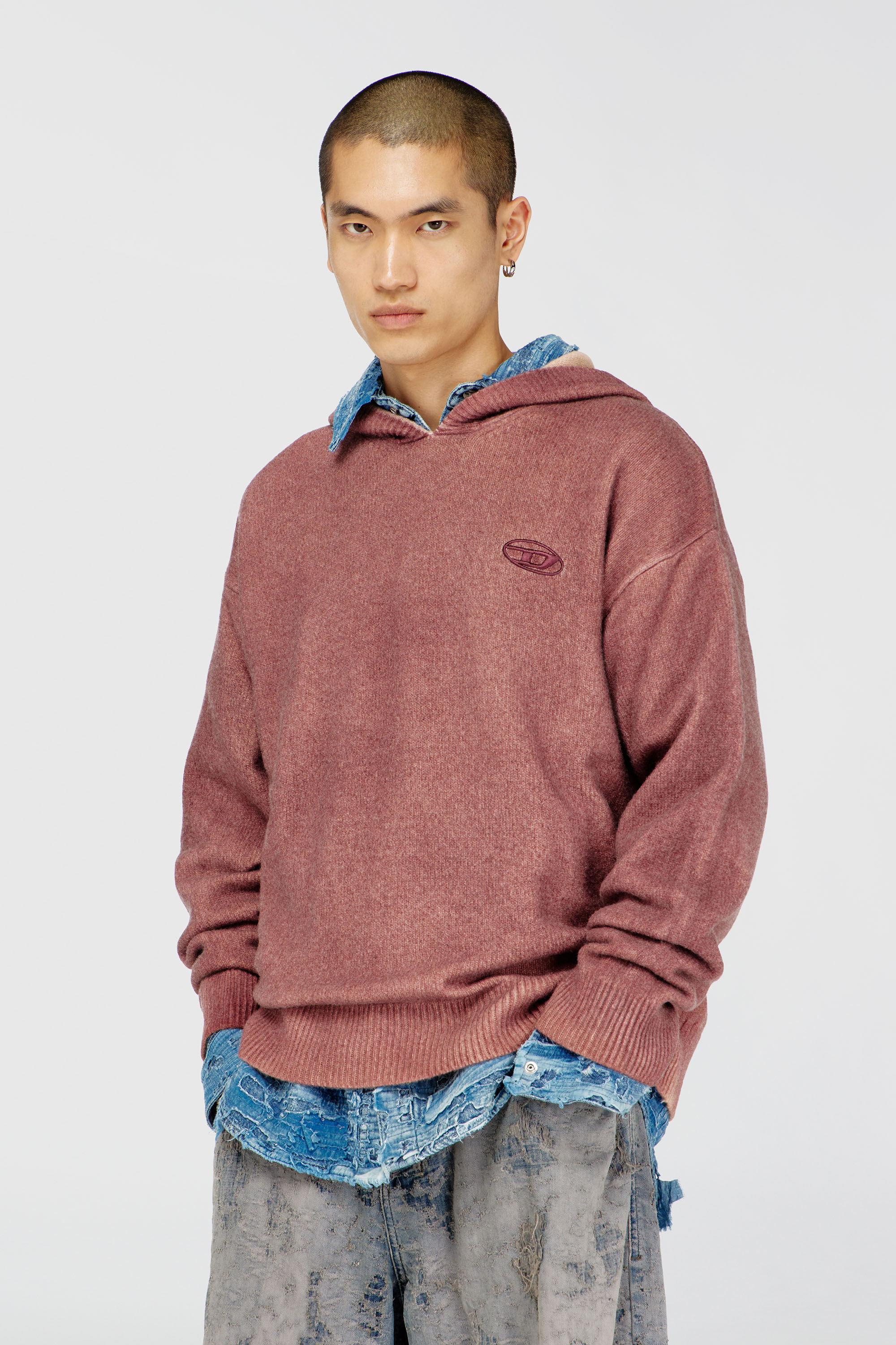 Diesel - K-PICKLED, Sweat &agrave; capuche double teinture en maille m&eacute;lang&eacute;e laine Homme in Rouge - 3