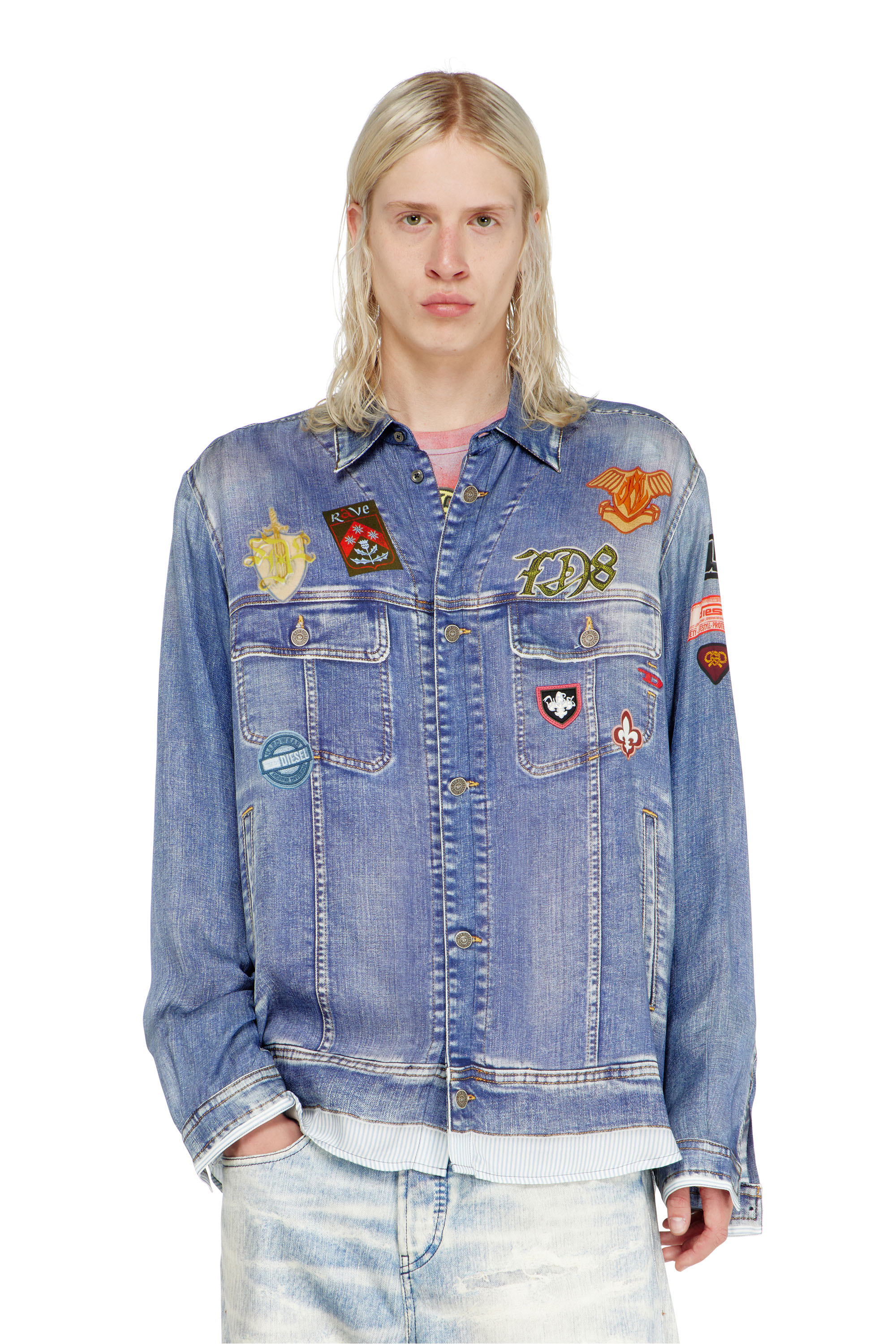 Diesel - S-SIMPLY-PATCH, Chemise satin&eacute;e &agrave; imprim&eacute; denim trompe-l'&oelig;il Homme in ToBeDefined - 3