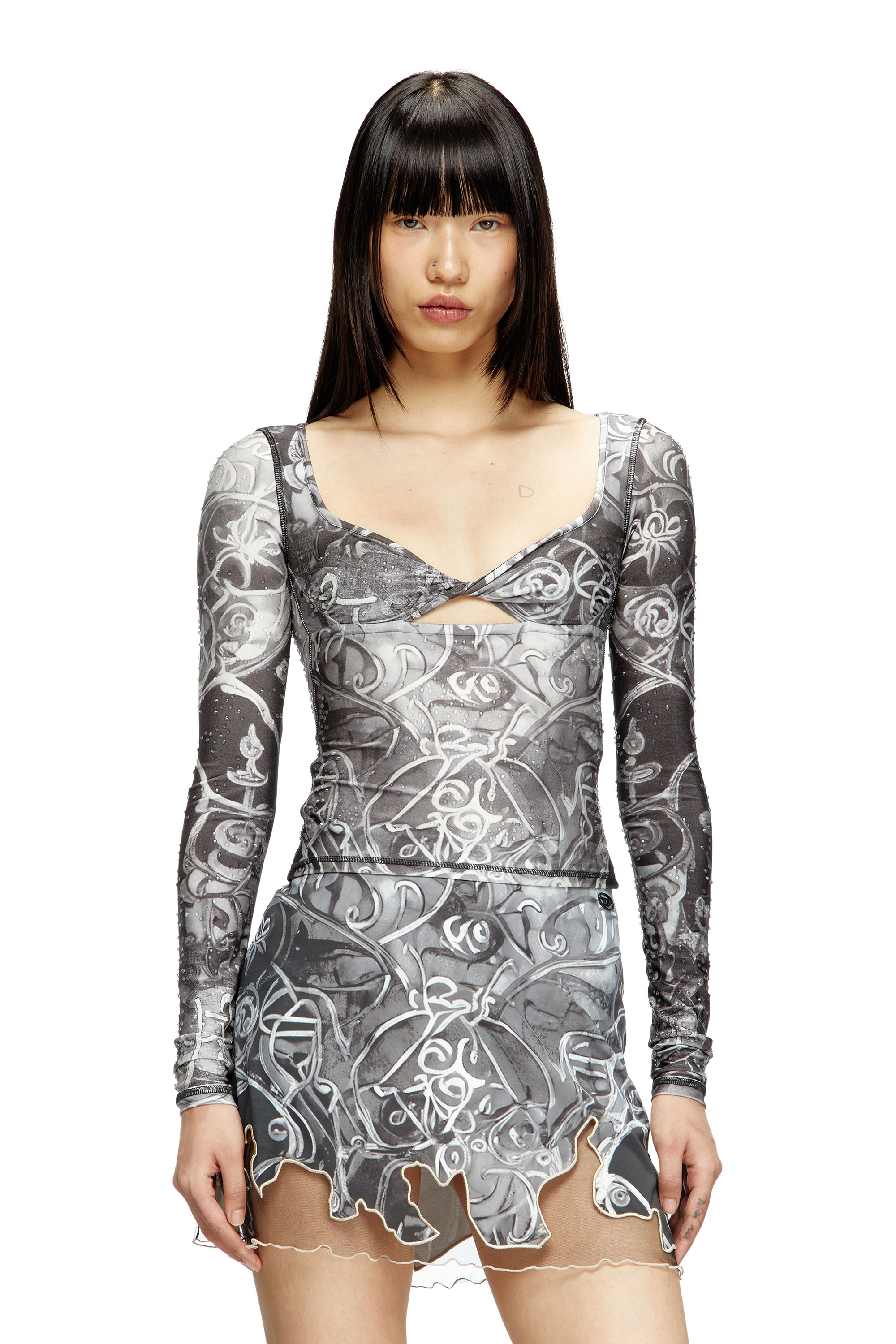 Diesel - T-ANTICA-LS, Haut imprimé parsemé de gouttes de cristal Femme in Gris - 1