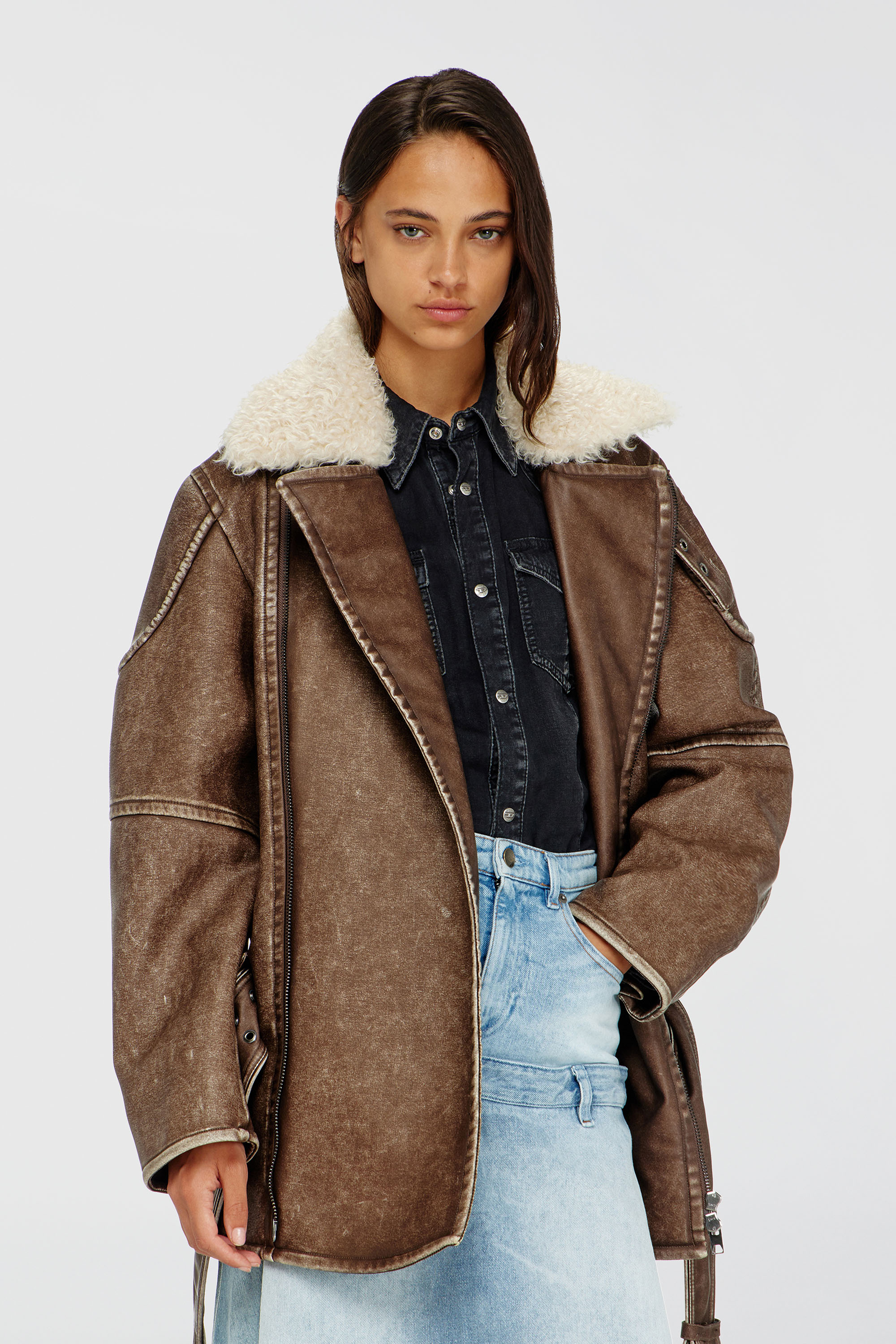 Diesel - G-EYSER, Manteau aviateur-biker crois&eacute; Femme in Marron - 5
