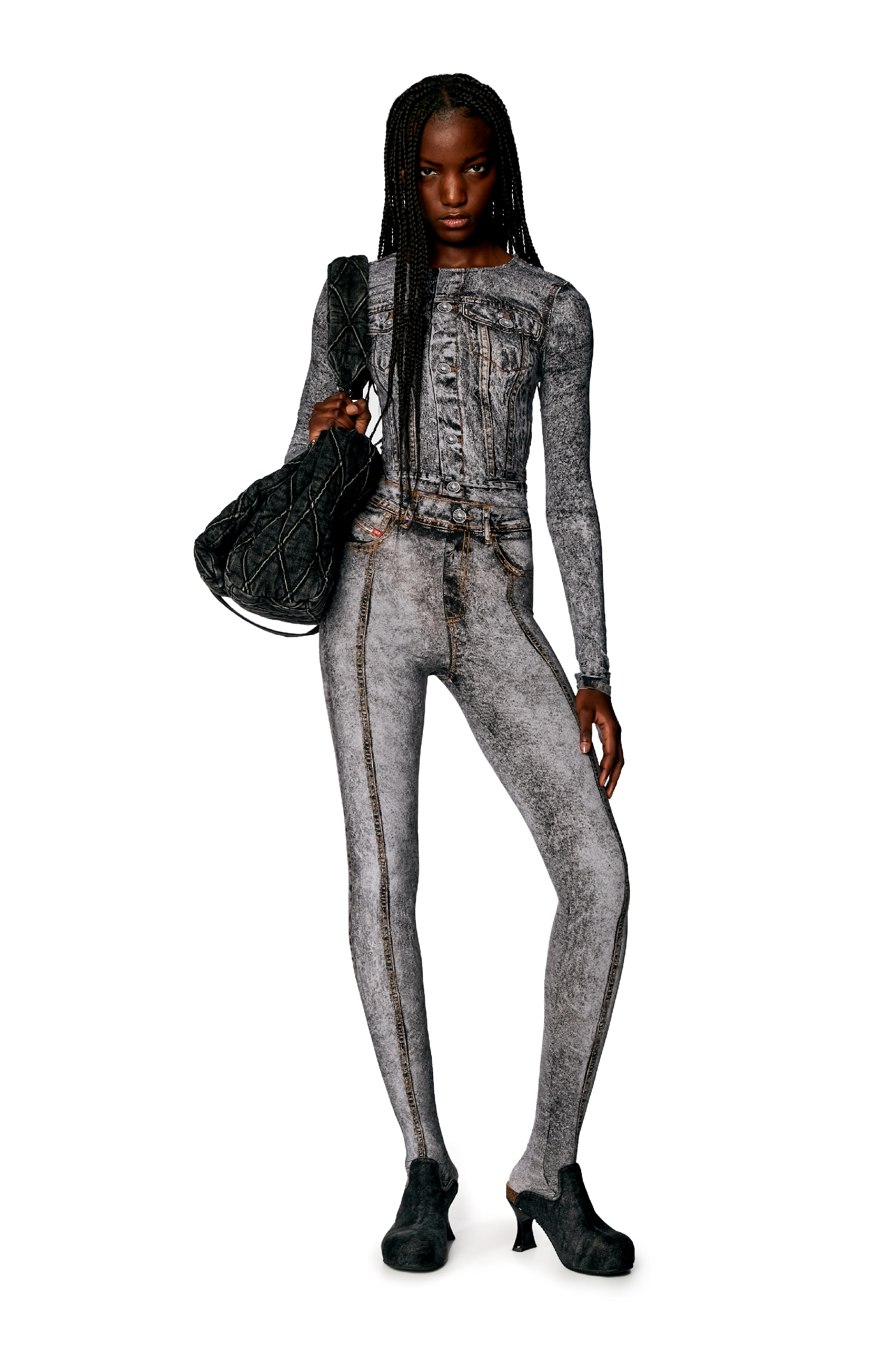 Diesel - P-KOLL-N1, Woman's Stretch nylon tights with denim print in Violet/Blue - 1