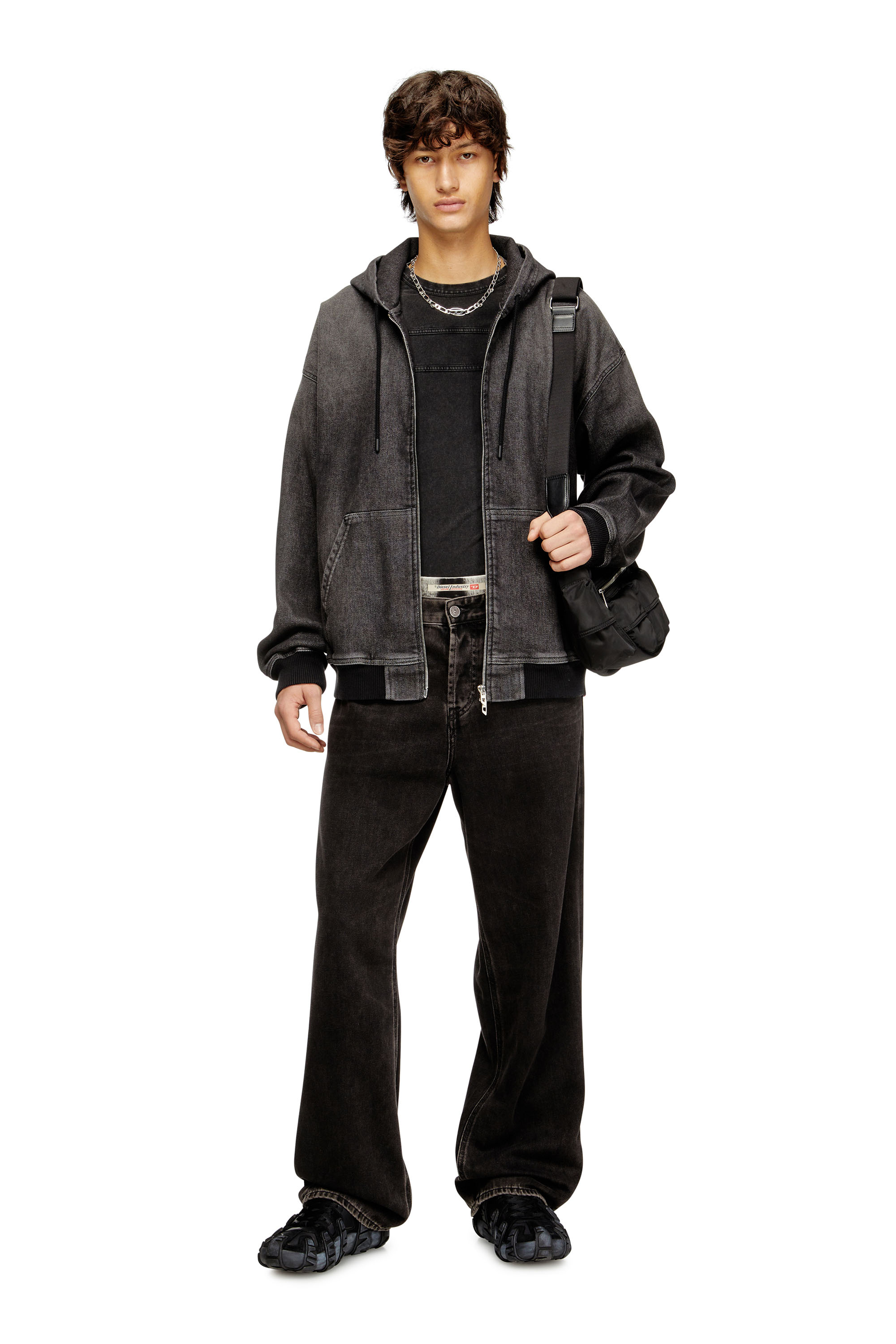 Diesel - D-GIRI-S TRACK, Sweat-shirt à capuche zippé en Track Denim effet sali Mixte in Noir - 3