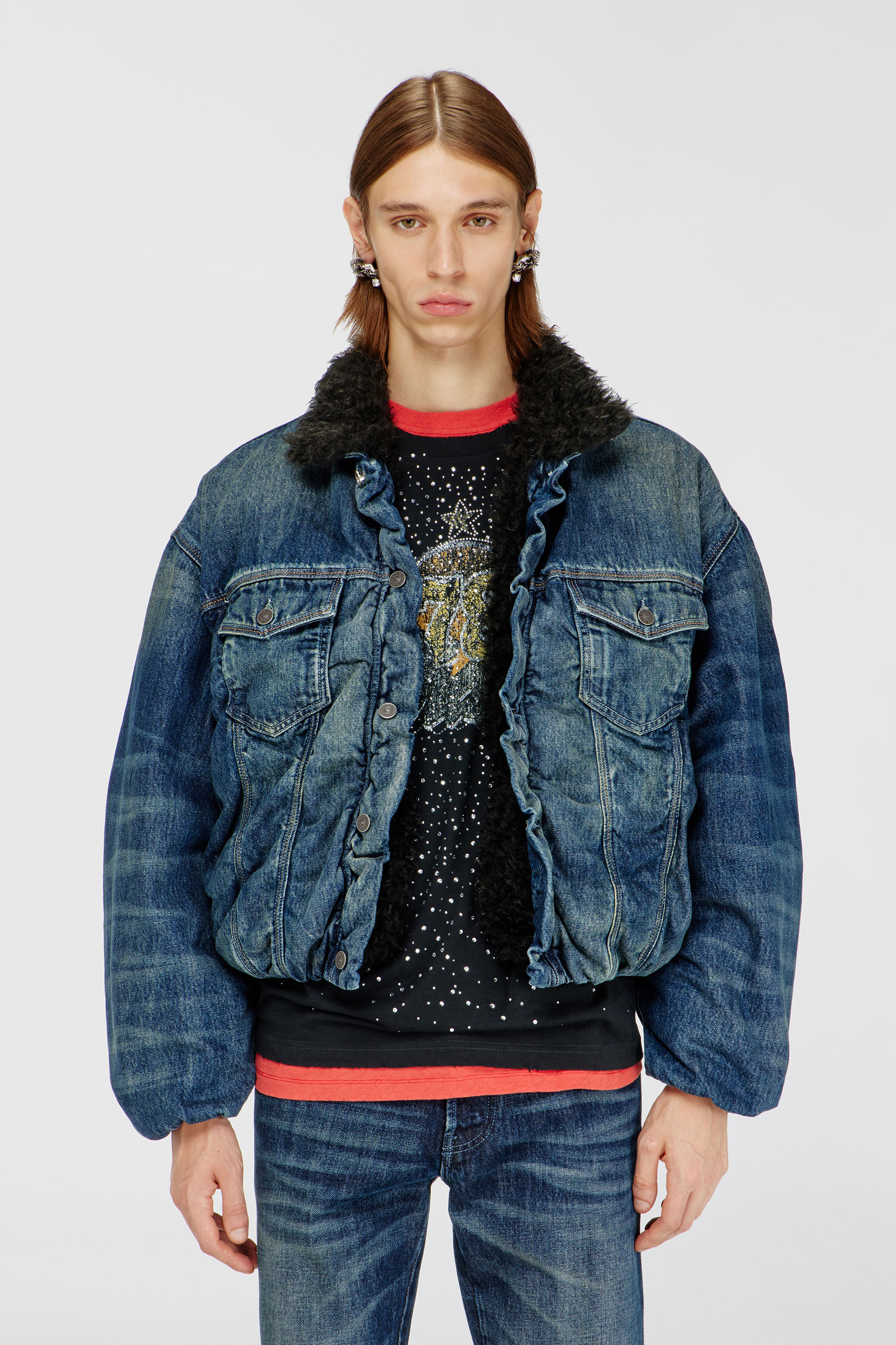 Diesel - D-CURLY-FSJ1, Veste trucker en denim doubl&eacute;e en teddy Mixte in Bleu - 3