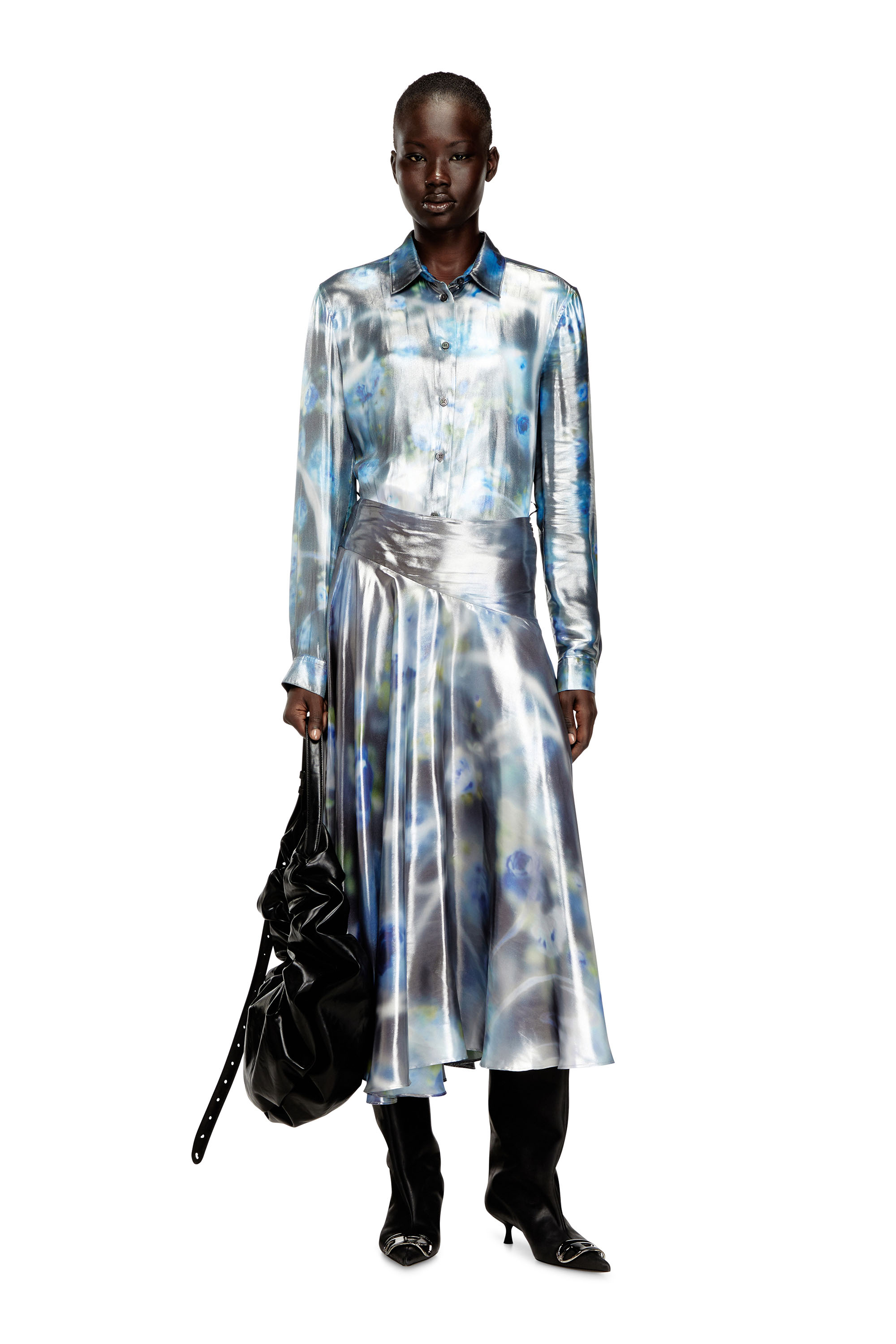 Diesel - C-RONOR-S2, Chemise métallique avec imprimé de roses floues Femme in Bleu - 1