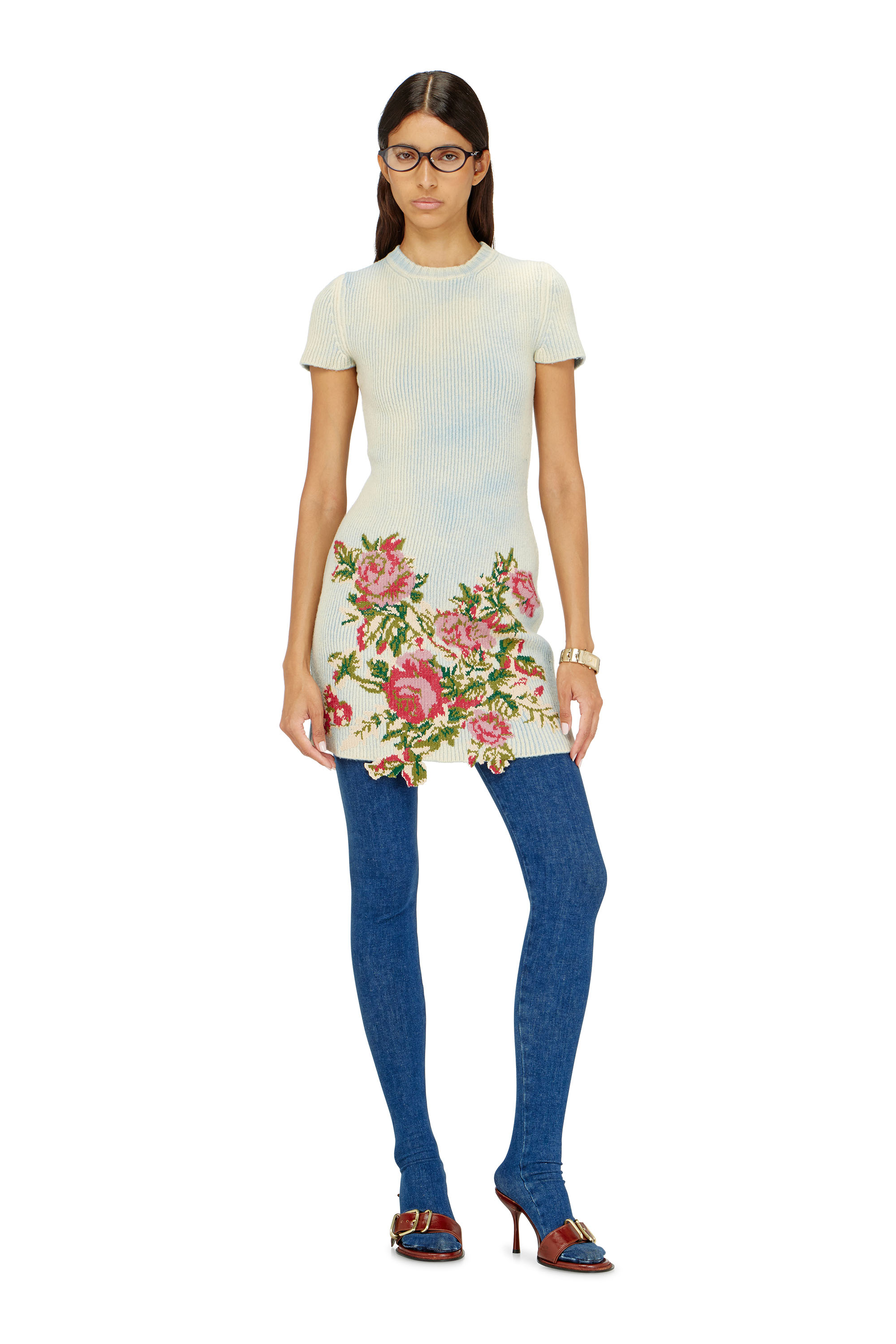 Diesel - M-RINNIE, Robe courte en maille m&eacute;lang&eacute;e laine &agrave; motif fleuri Femme in Blanc - 2