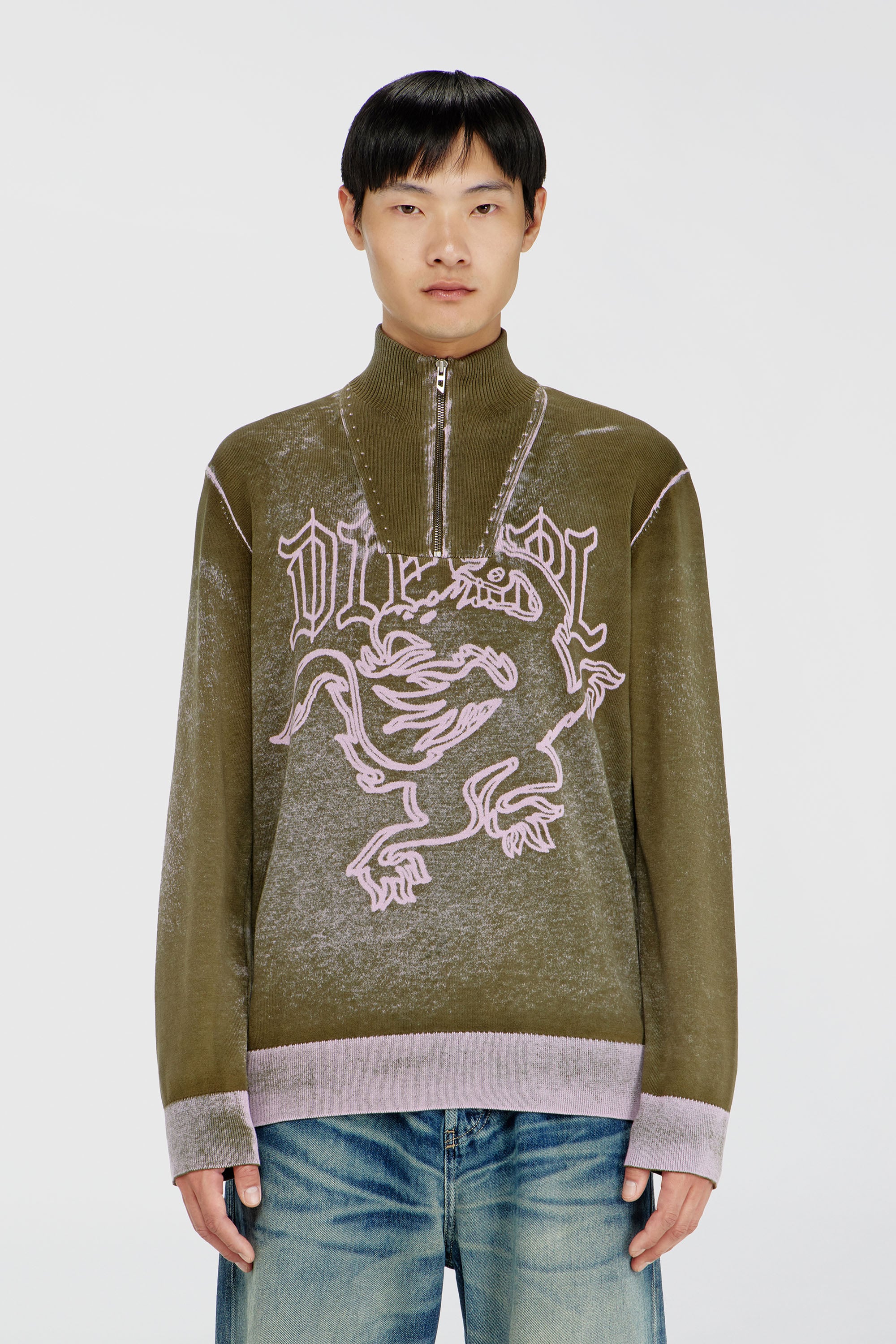 Diesel - K-LAUTARE, Pull-over zipp&eacute; trait&eacute; avec motif griffin Homme in Vert - 1