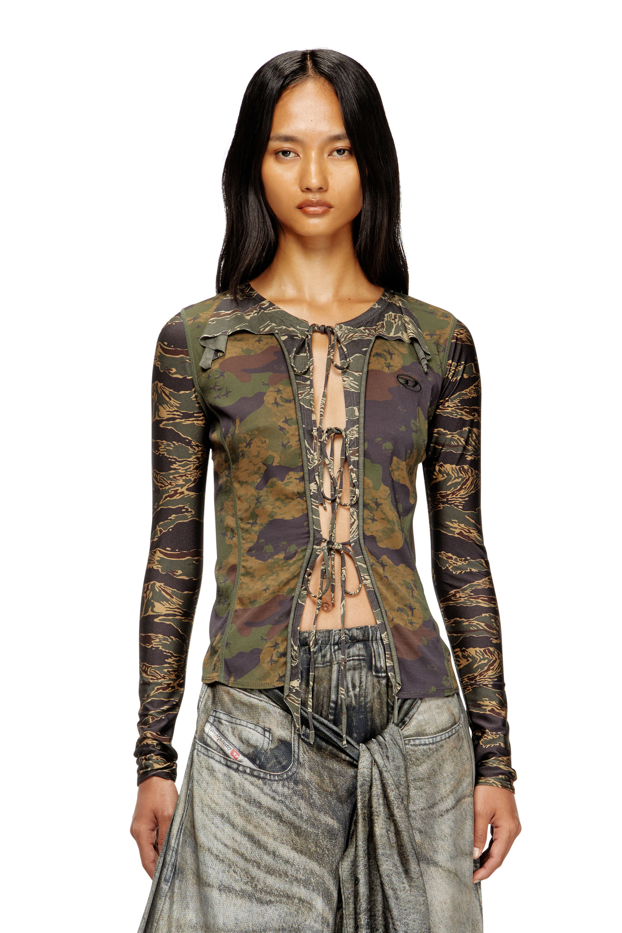 Diesel - T-AFRY, Cardigan à nouer avec imprimés camouflage mélangés Femme in Vert - 1