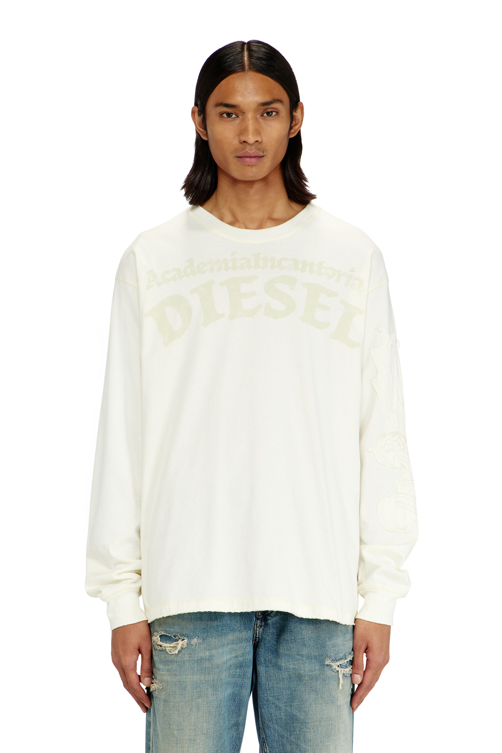 Diesel - T-NORM-LS-AA3, T-shirt manches longues avec imprim&eacute;s et patchs Homme in Blanc - 1