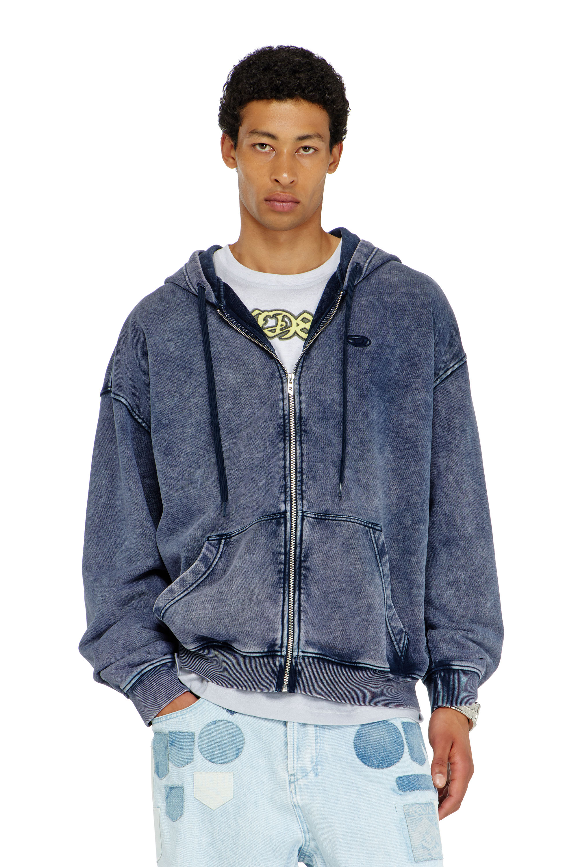 Diesel - S-BOXT-HOOD-ZIP-DEN, Sweat &agrave; capuche zipp&eacute; en molleton de coton trait&eacute; Homme in Bleu - 1